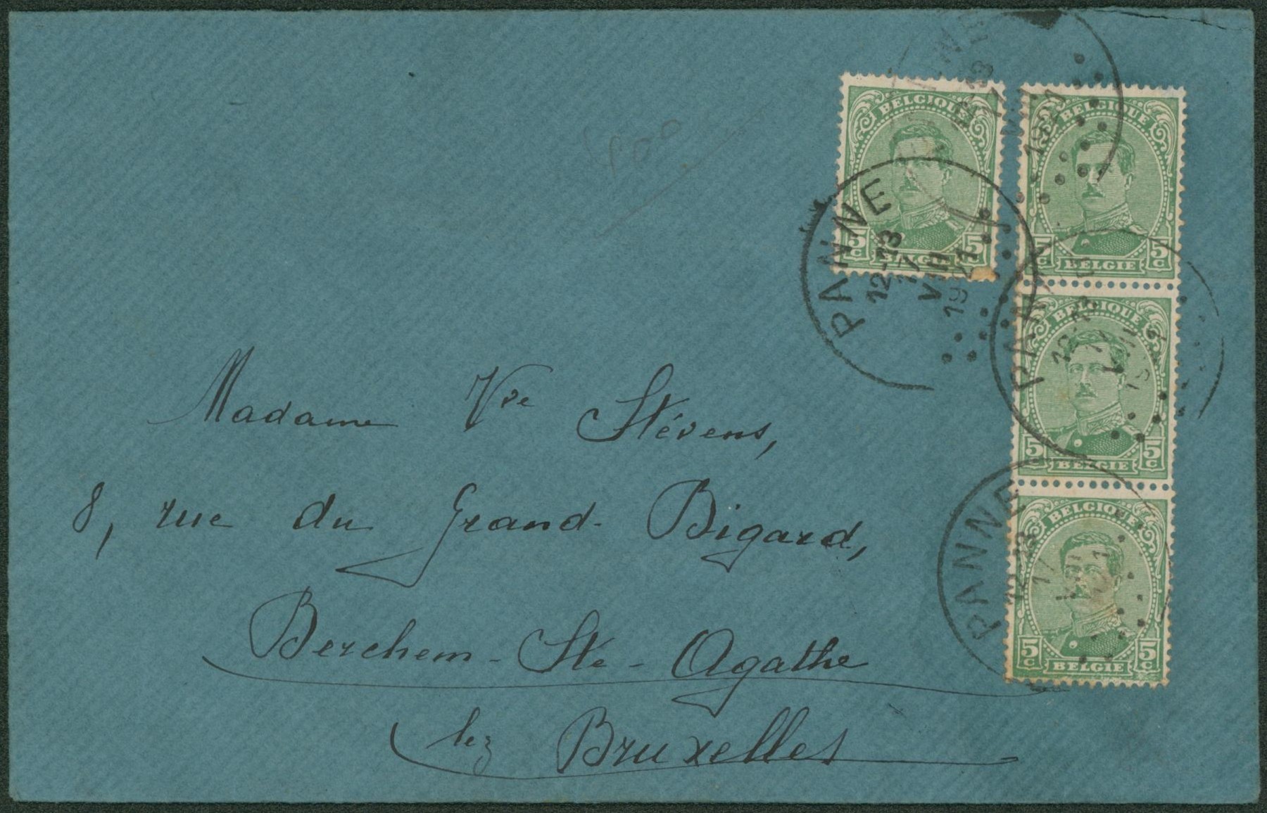 n°137 x4 sur lettre expédié de Panne > Berchem-Ste-Agathe. 