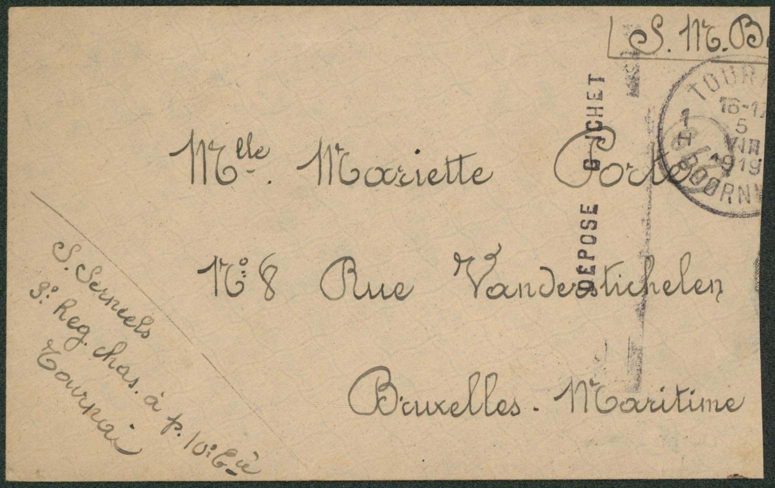 Lettre en SMB expédié de Tournai / Doornik + griffe déposé au guichet > Bruxelles maritime. 