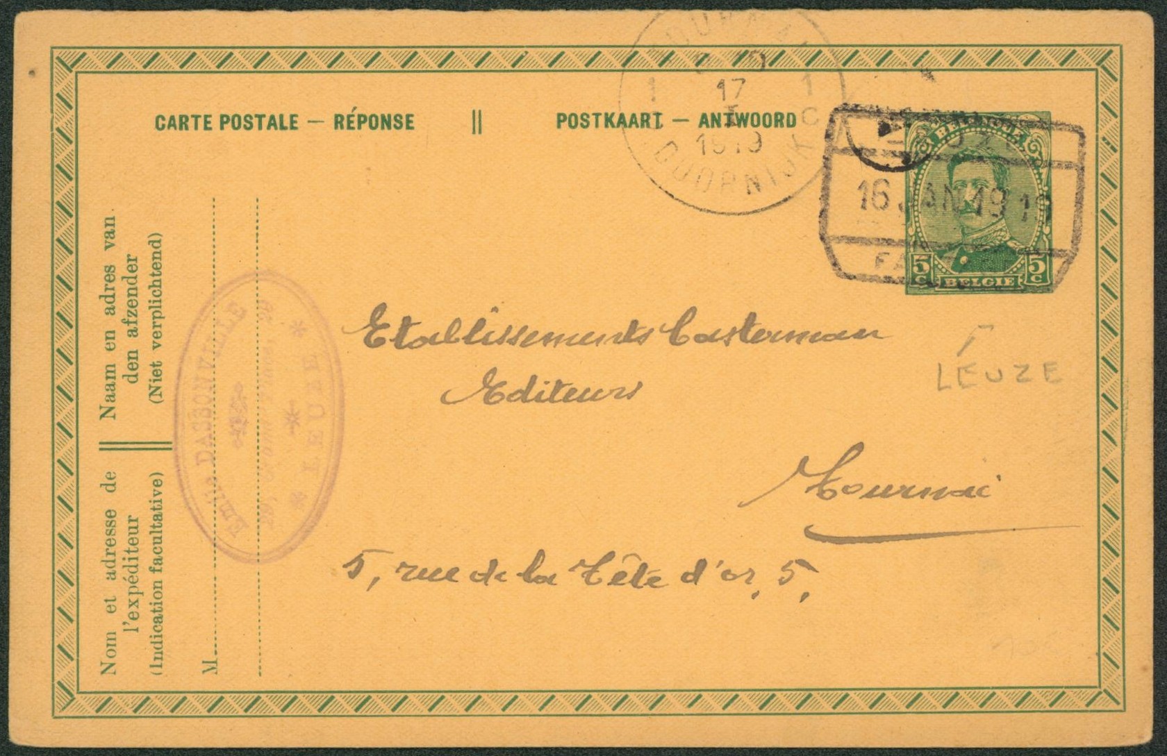 EP au type 5ctm vert + cachet chemin de fer "Leuze / Factage" > Tournai "