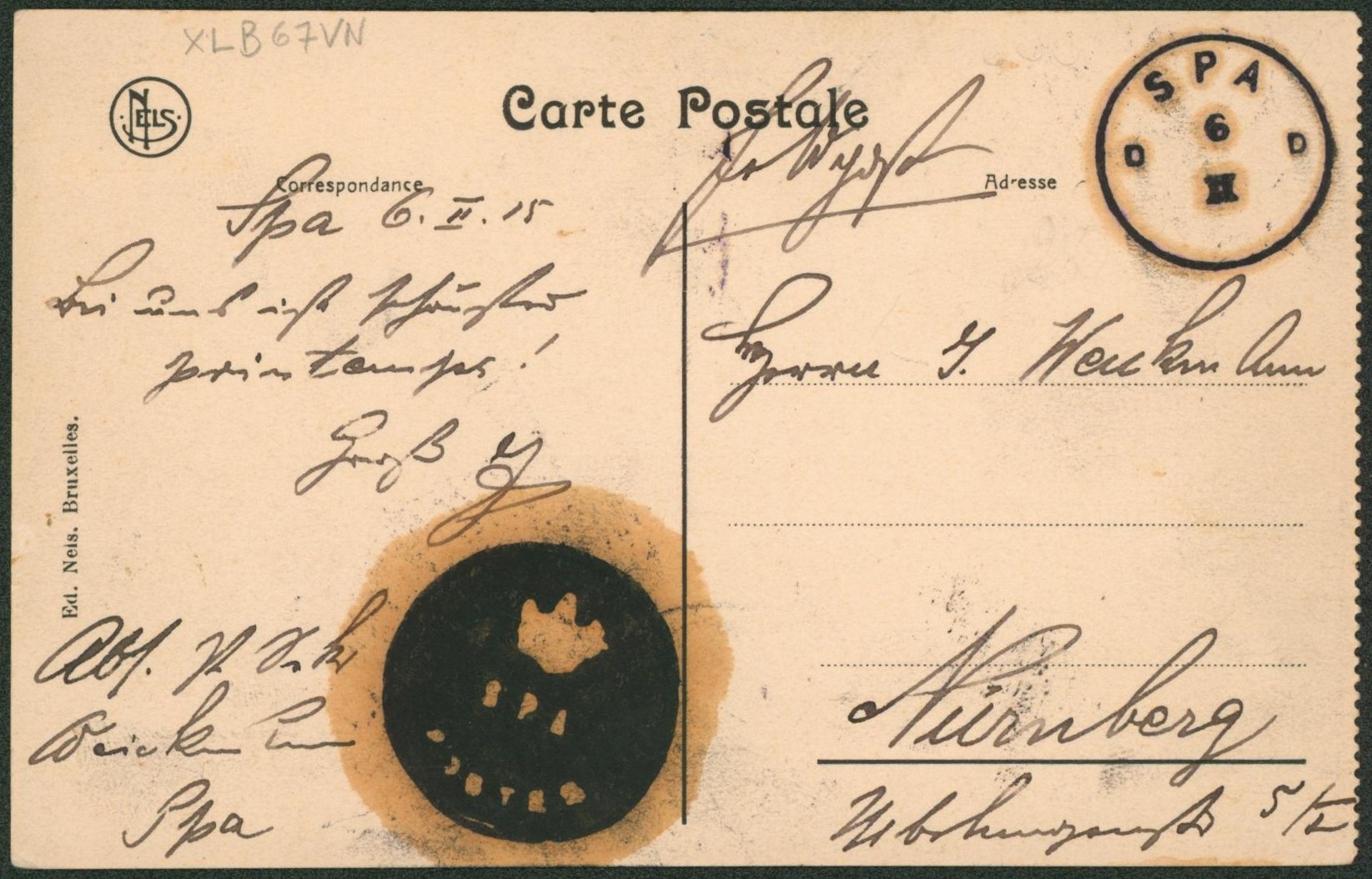 Feldpostkarte expédié de Spa + cachet type caoutchouc noir Spa / postes (R) > Nurnberg. 