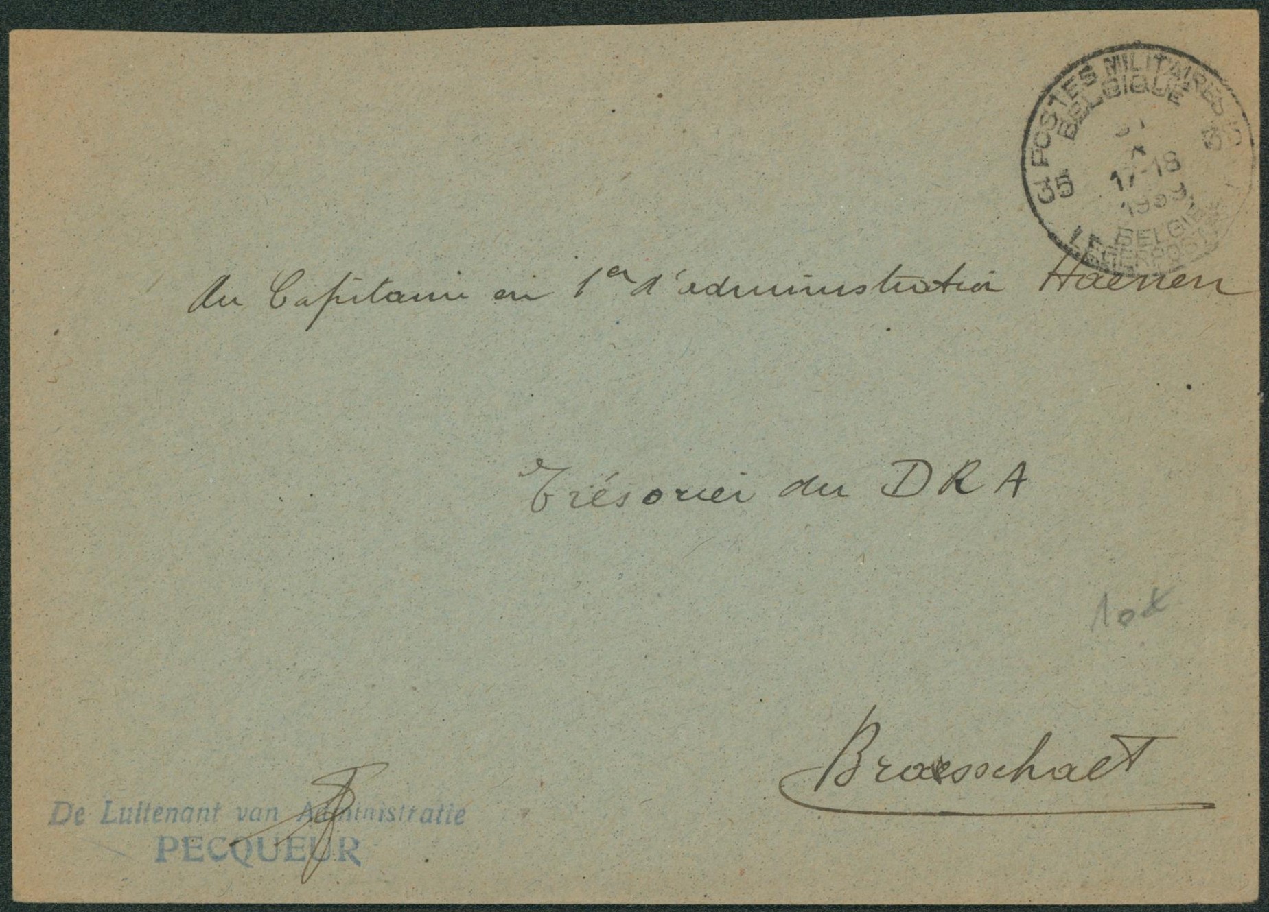 Lettre en franchise obl P.M.B. 35 (1939) > Trésorier du DRA à Brasschaet. 