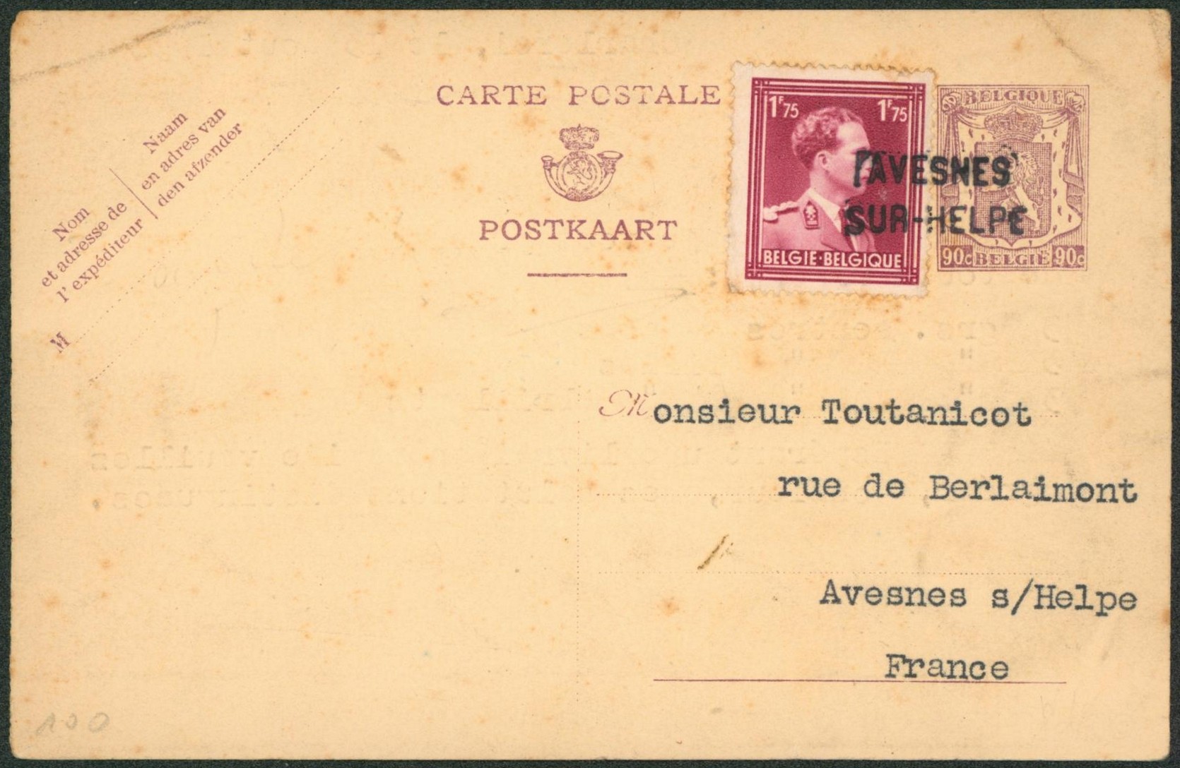 Ep au type 90ctm petit sceau de l'état + Affranch. Complémentaire (orignie Charleroi) > France annulé par griffe d'arrivée çàd AVESNES / SUR-HELPE