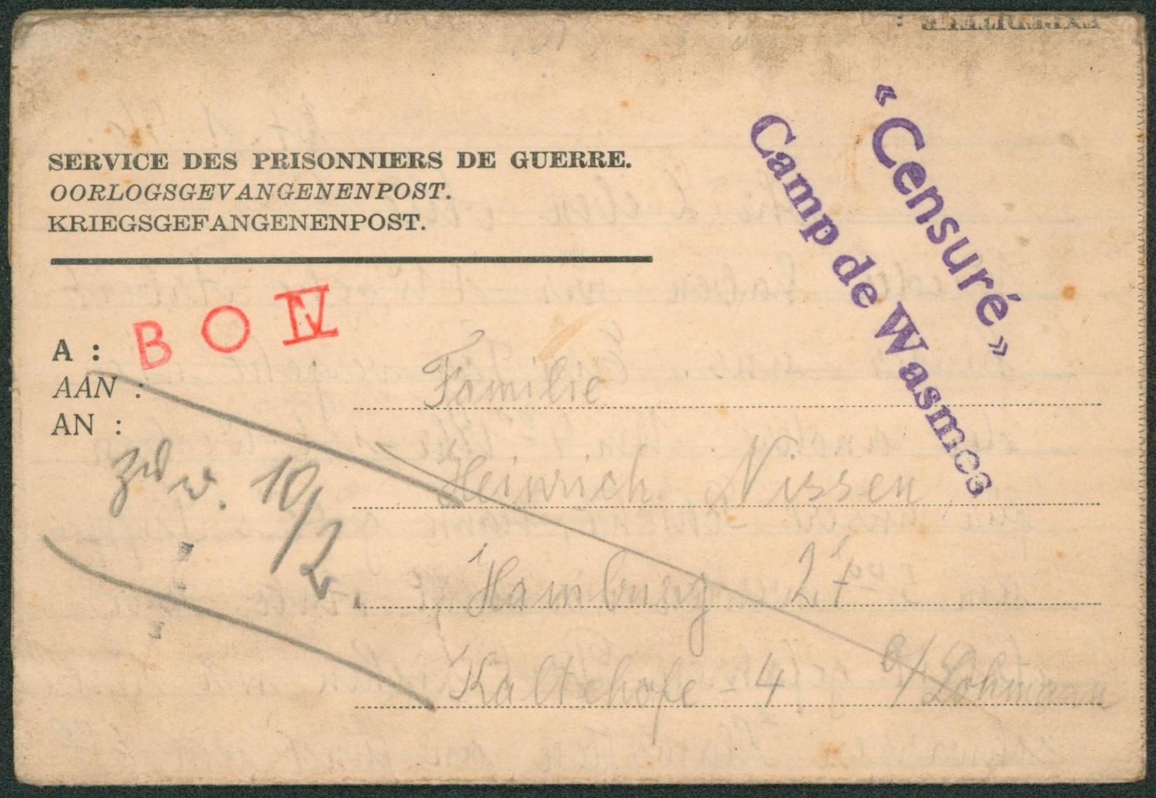 Lettre "service des prisonniers de guerre" (formule trilingue) + griffe violette censuré camp de Wasmes, griffe rouge B.O. IV > Hamburg (Allemagne). "