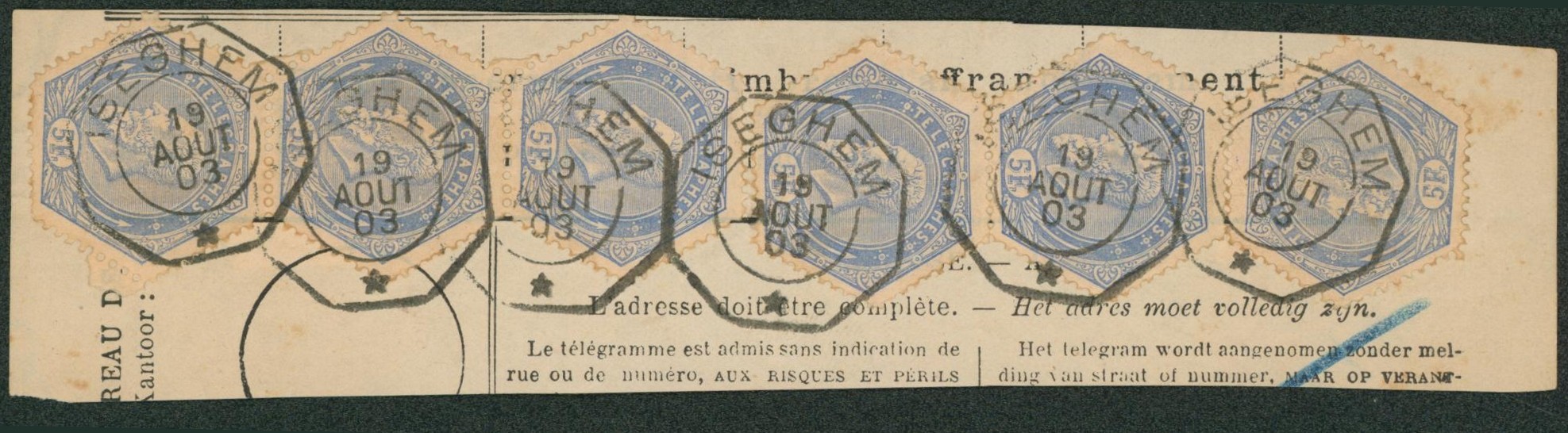 TG17 en bande de 6 sur fragment de télégramme obl télégraphique "Iseghem". Superbe "