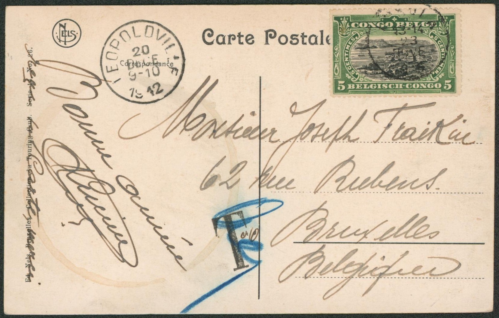 Congo Belge - n°54 sur CP vue obl simple cercle ? Via Léopoldville, taxe annulée > Bruxelles. 