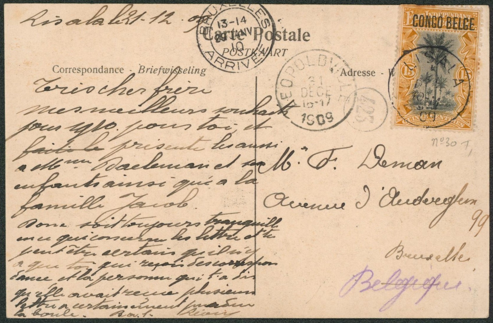 Congo Belge - Mols 15ctm surchargé sur CP vue expédiée de Lisala via Léopoldville > Bruxelles. 