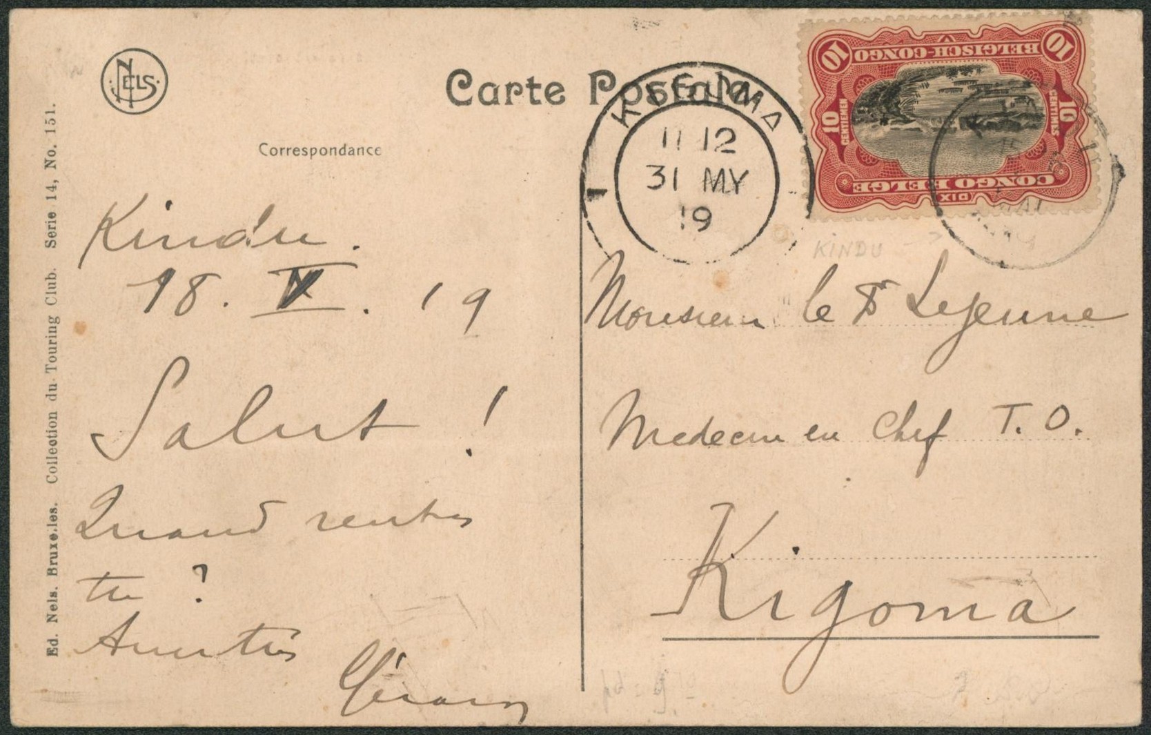 Congo Belge - n°65 sur CP vue obl simple cercle "Kindu" > Kigoma "