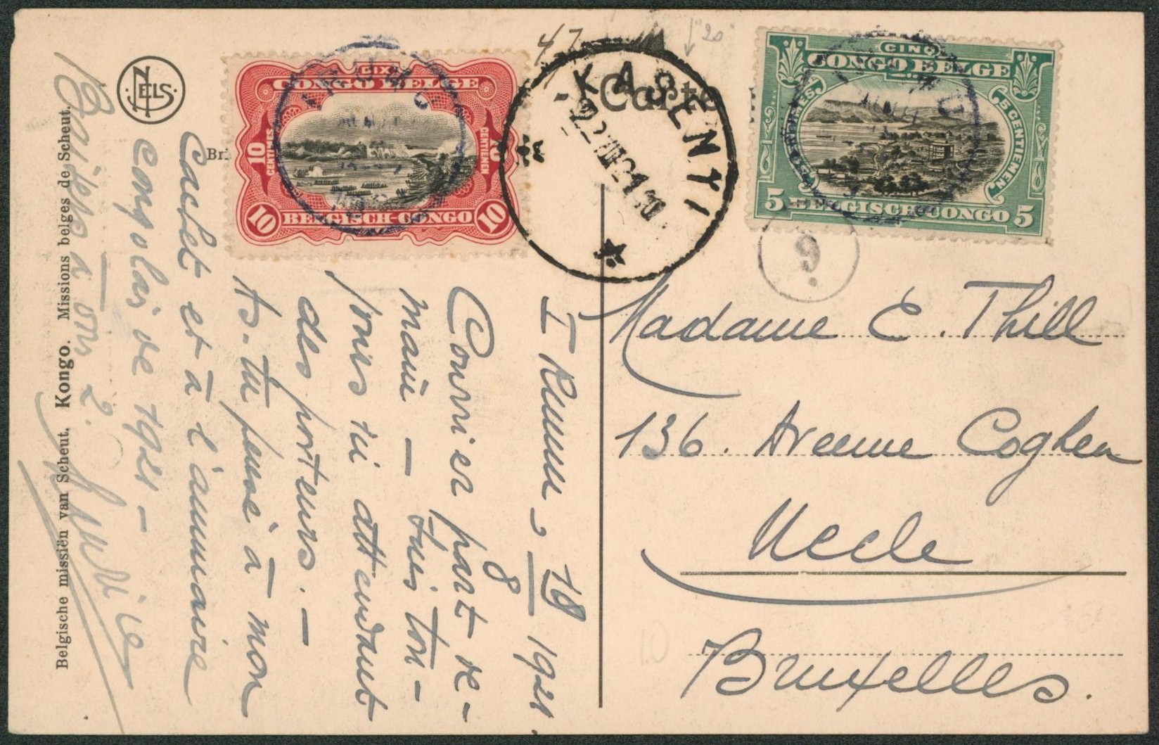 Congo Belge - n°64/65 sur CP vue obl simple cercle bleue "Irumu" via Kasenyi > Uccle. "