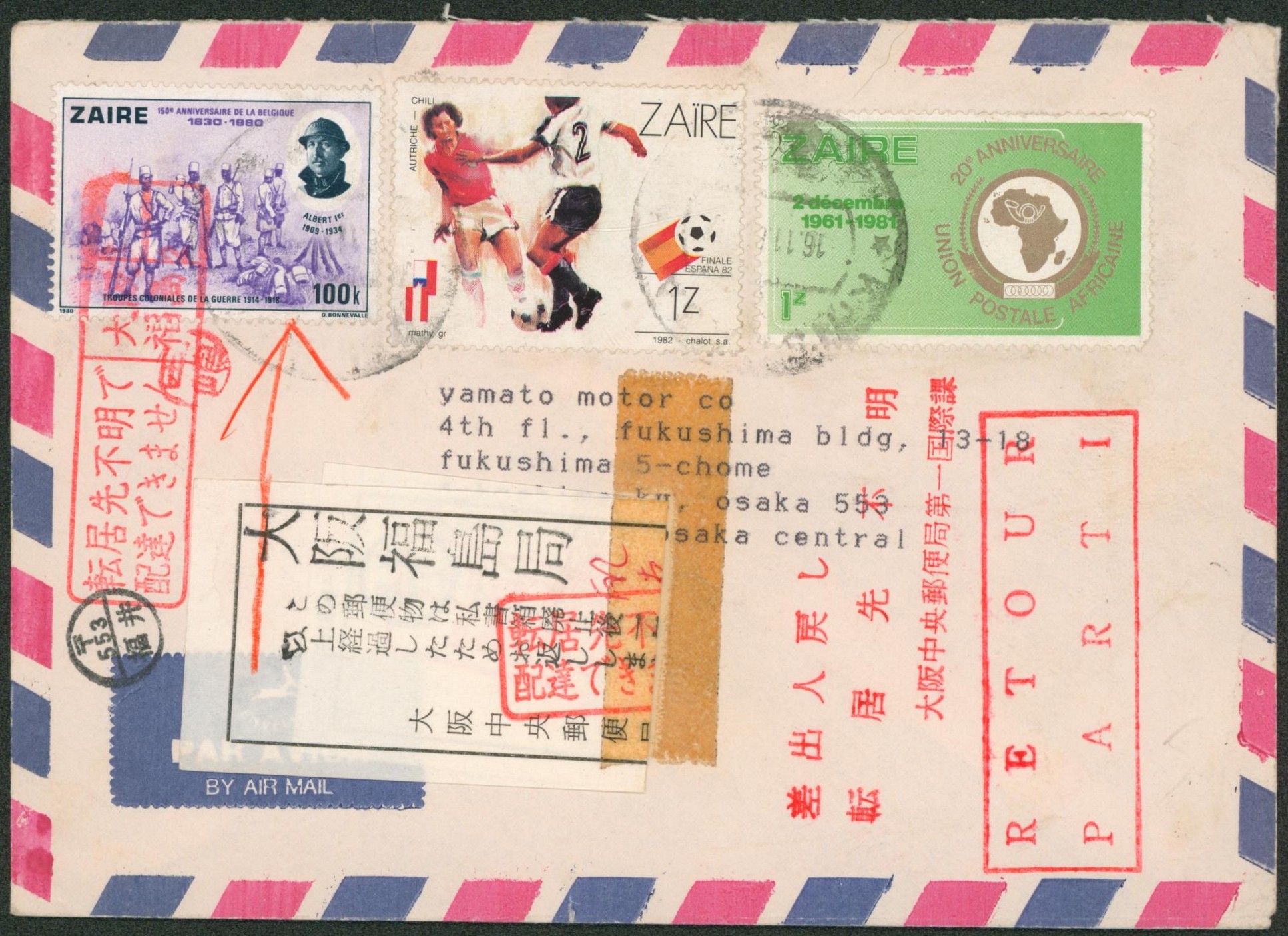 Zaïre - Affranch. Mixte sur lettre par avion > Osaka fukushima (Japon) + étiquette de retour et grande griffe "Retour / parti""