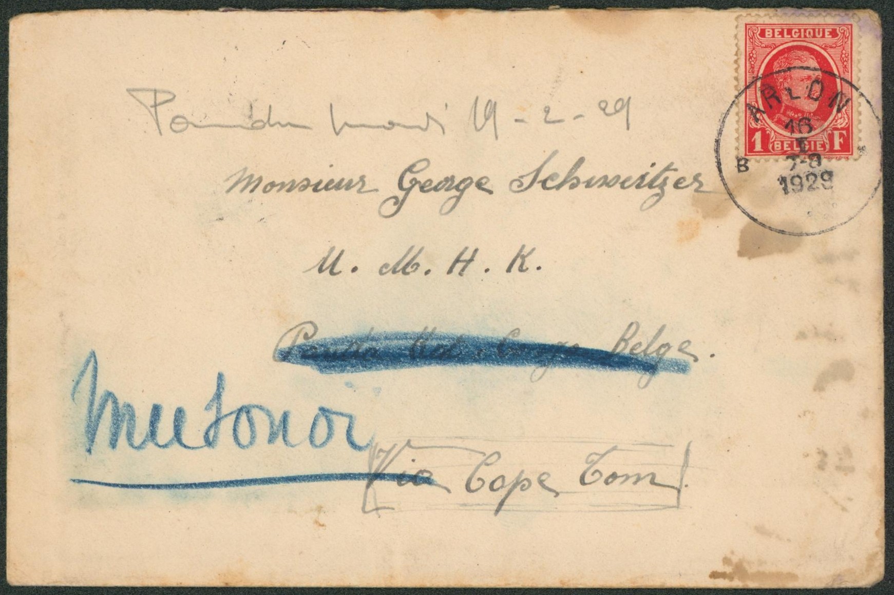 Houyoux - n°256 sur lettre expédié de Arlon > Panda (Congo Belge) biffée et redirigée vers écriture à la craie bleue. 