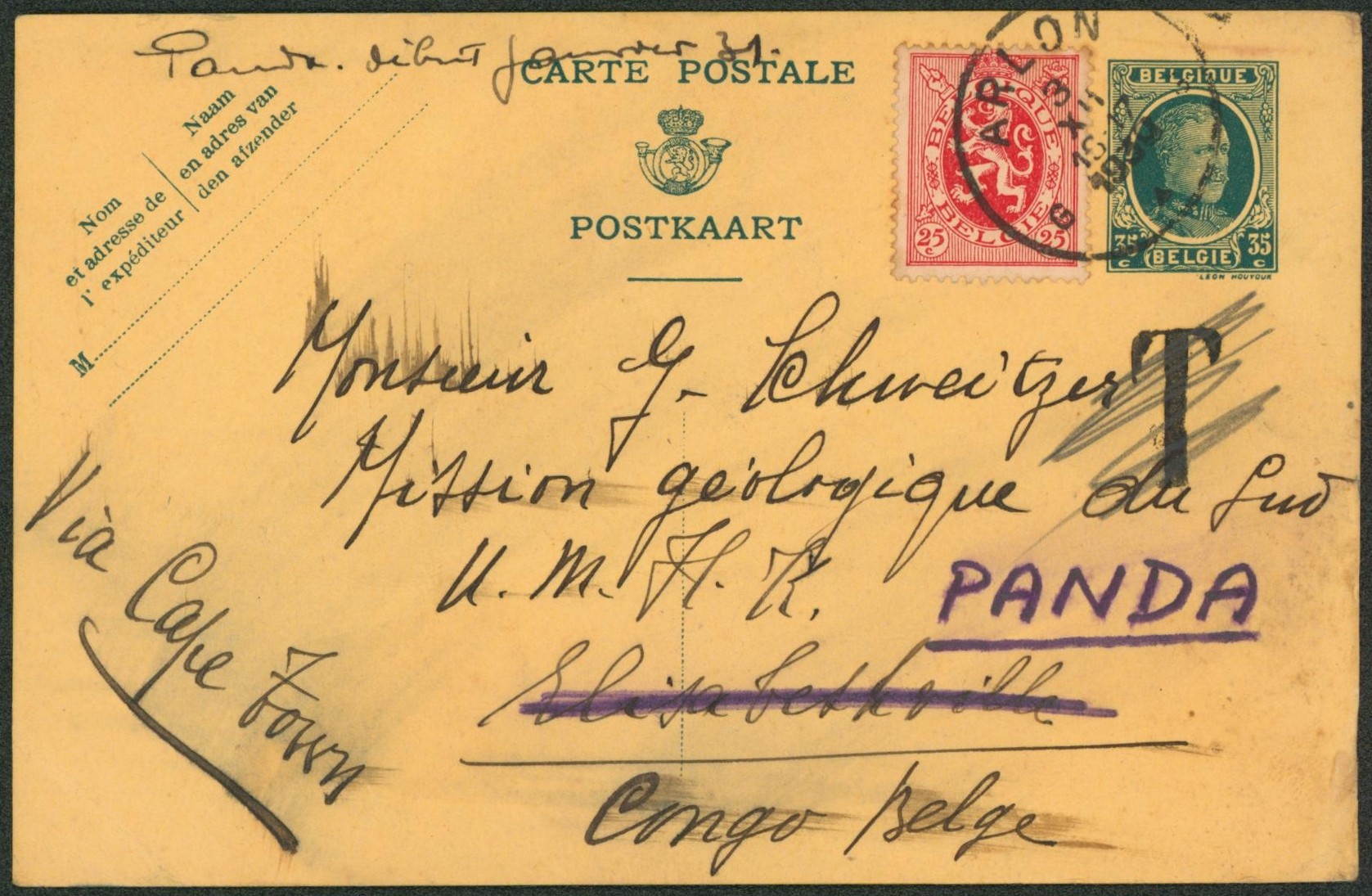 EP au type 35ctm vert Houyoux + n°282 expédié de Arlon > Elisabethville, taxe annulée redirigé vers Panda (Congo Belge) via Capetown