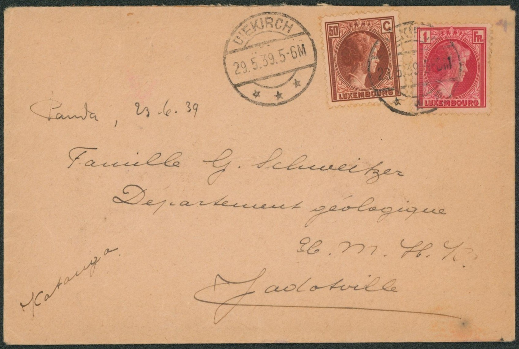 Luxembourg - 1F + 50C sur lettre expédiée de Diekirch > Jadotville (Congo)