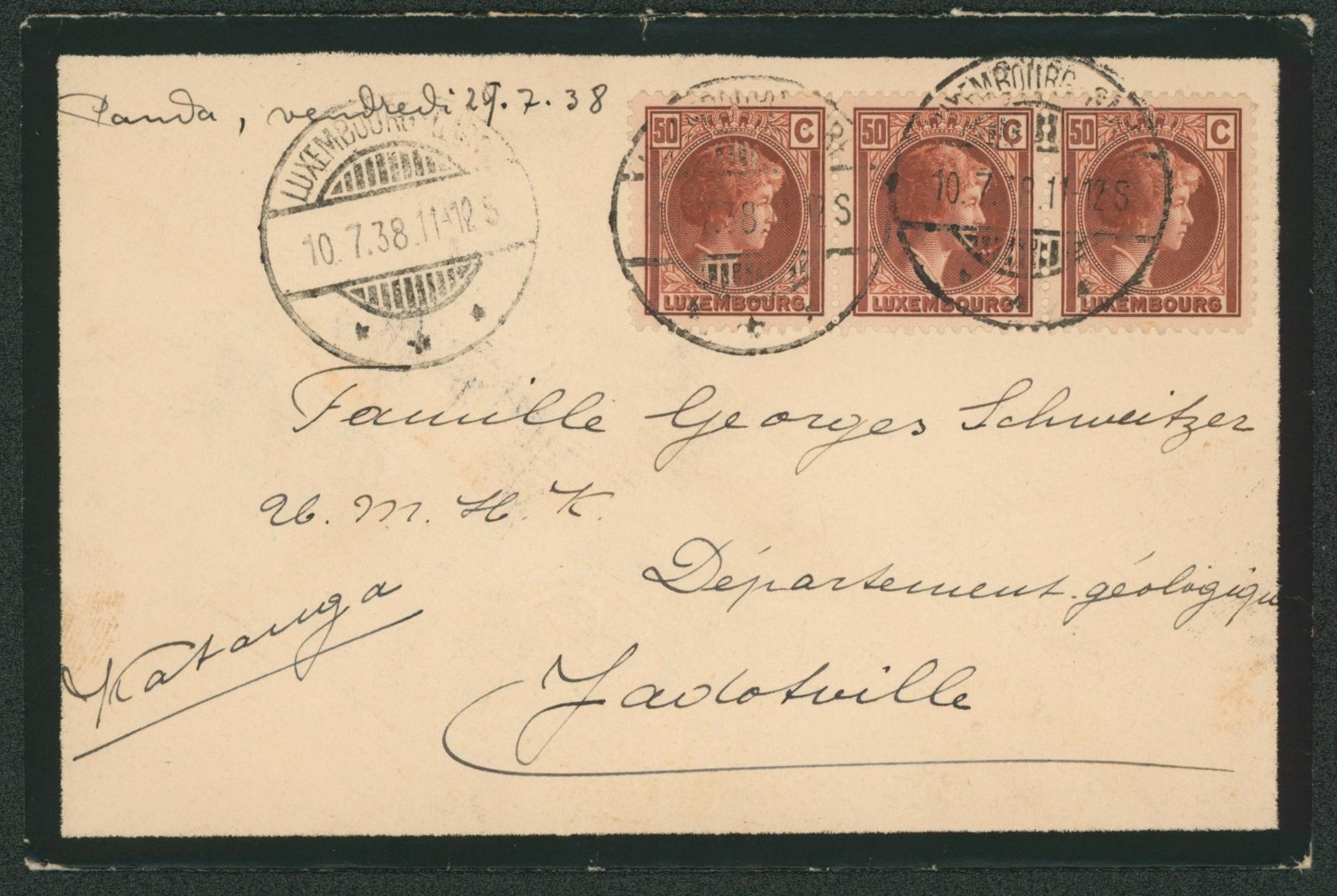 Luxembourg - 50C en bande de 3 sur lettre expédié de Luxembourg-gare > Jadotville (Congo).