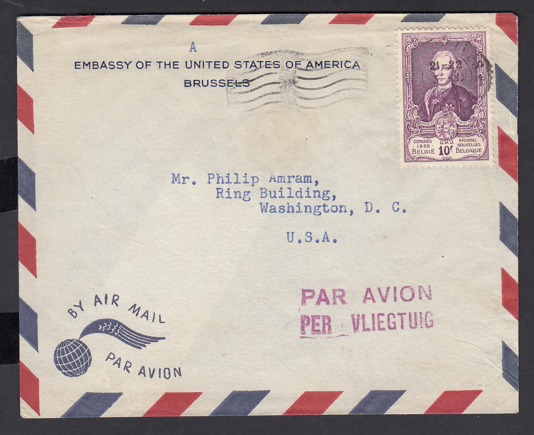 889 sur lettre par avion de BXL le 3.IX.1952 vers Washington DC, USA.