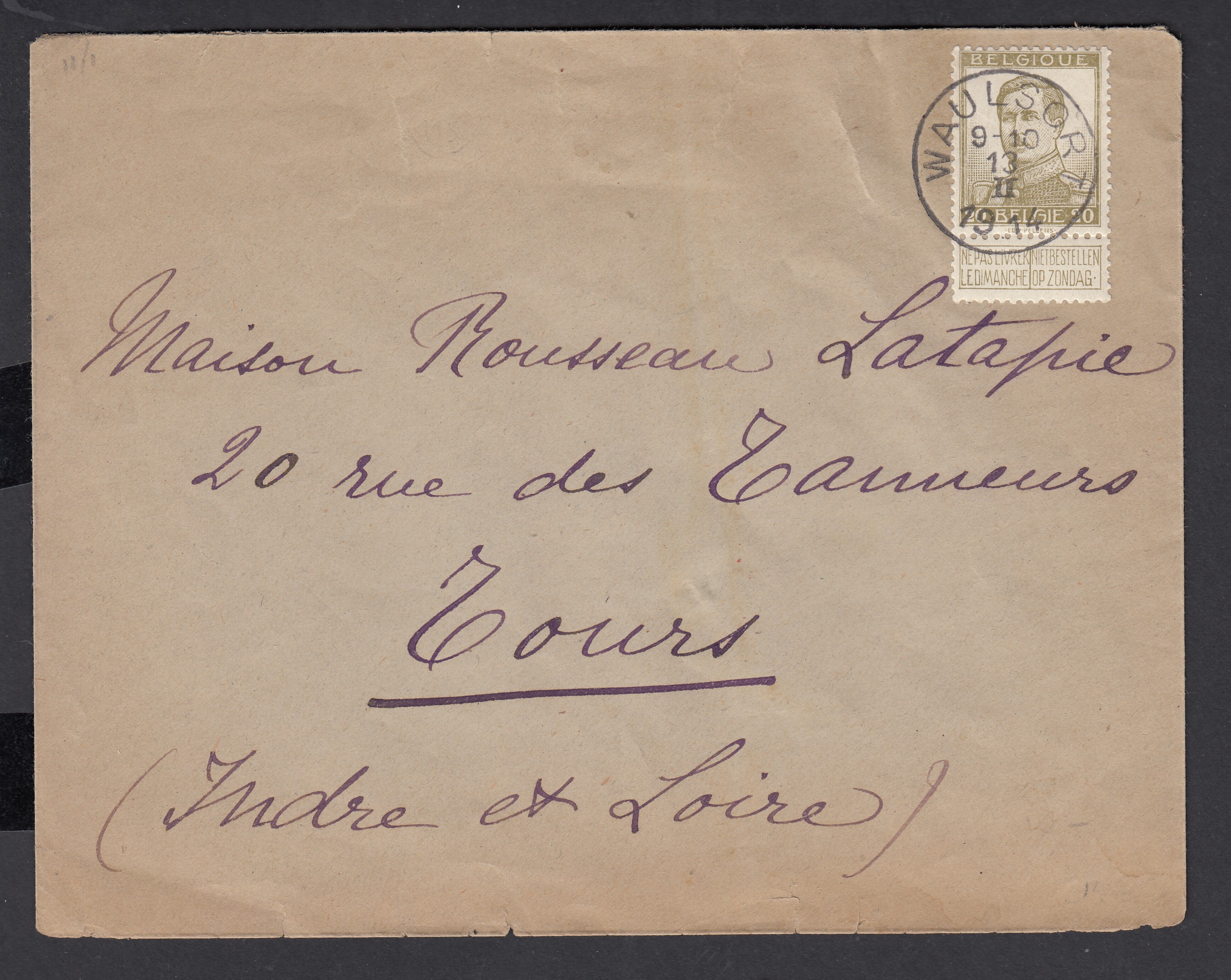 119 sur lettre de Waulsort le 13.II.1914 vers Tours. Càd au verso.