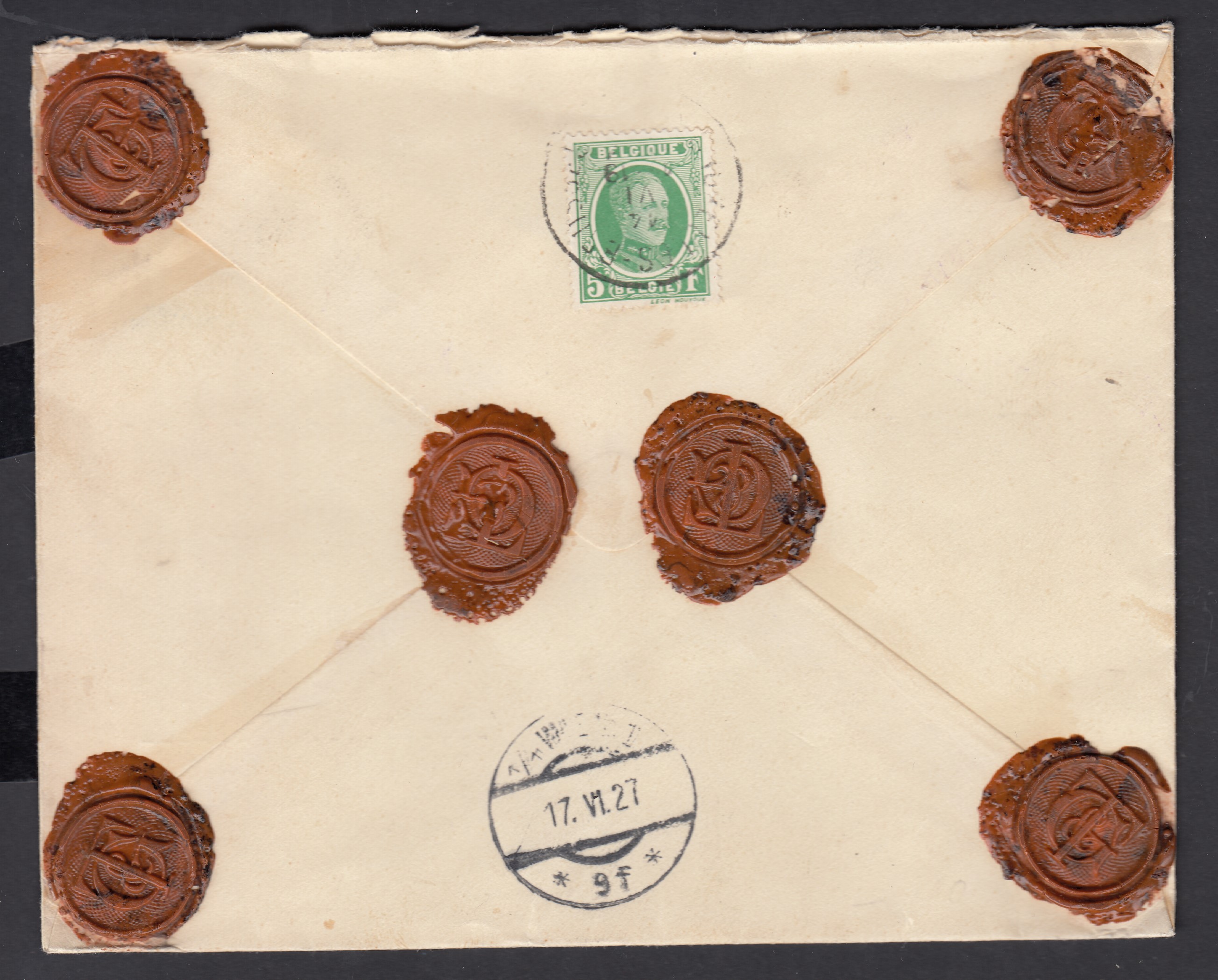 209 au verso de la lettre en valeur assurée de 300Frs de BXL le 14.VI.1927 vers vienne. Càd au verso.