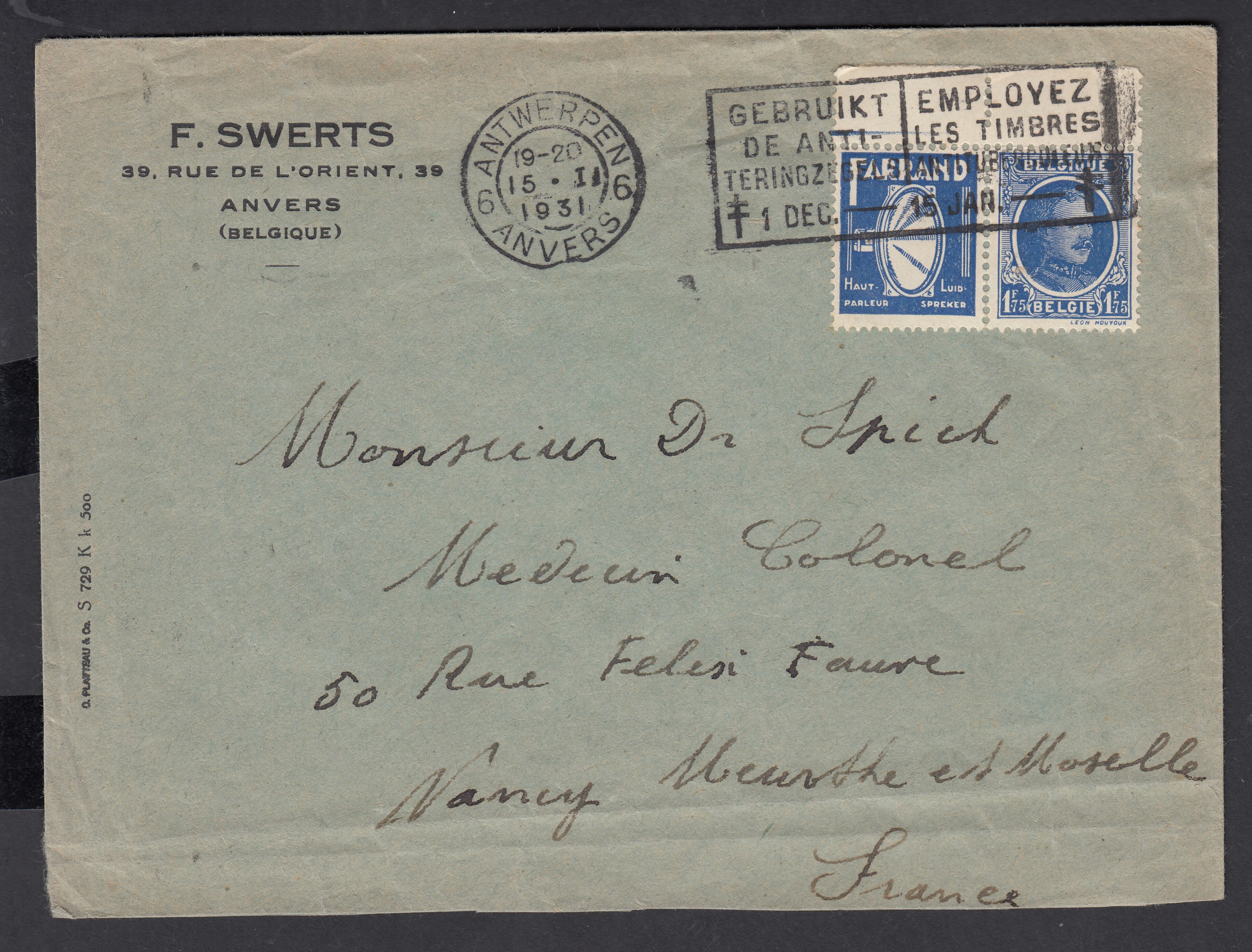 PU3 sur lettre d'Antwerpen le 15.II.1931 vers Nancy, France. Càd au verso.