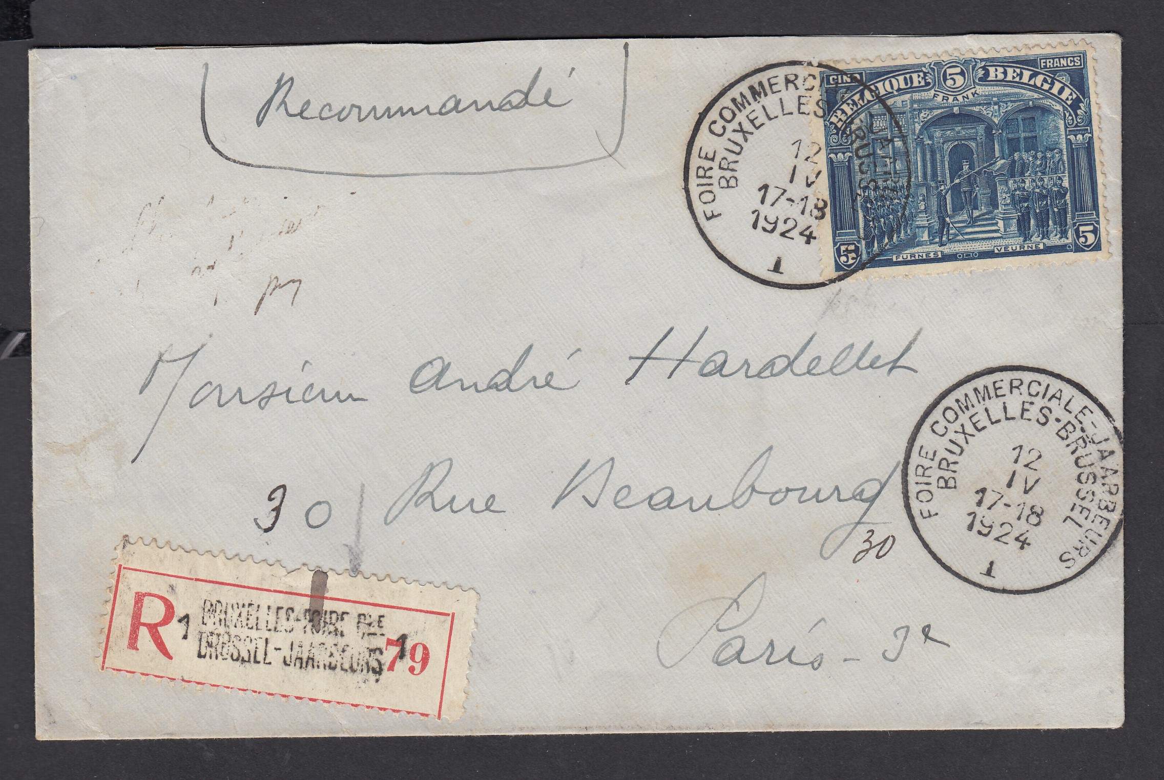 148 sur lettre en recommandé de BXL le 12.IV.1924 ( Cachet spécial « Foire Commerciale.. ») vers Paris.