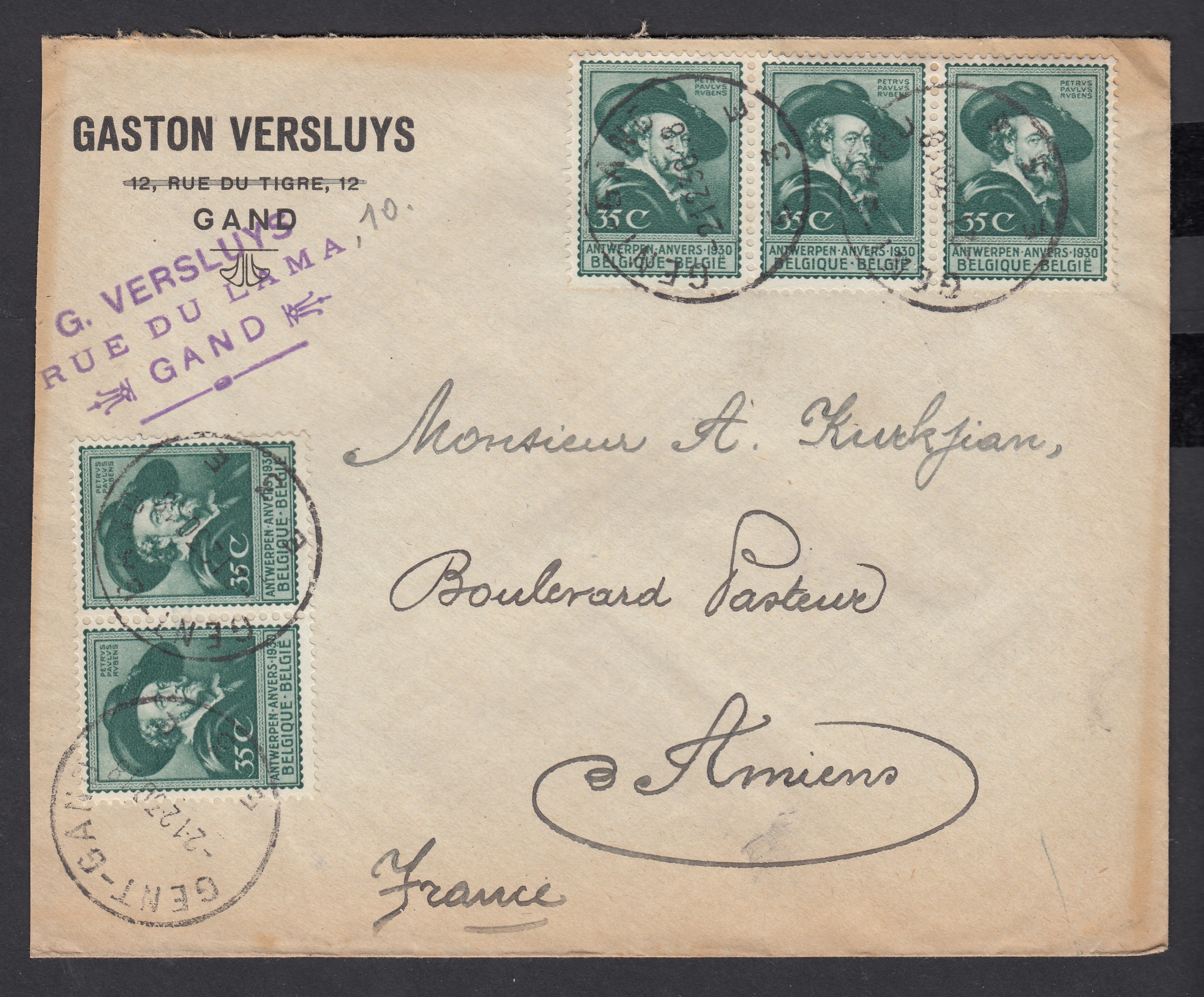 300 x5 ( Une bande de 3 +une paire) sur lettre de Gand le 2.12.1930 à destination d'Amiens, France. Càd au verso.