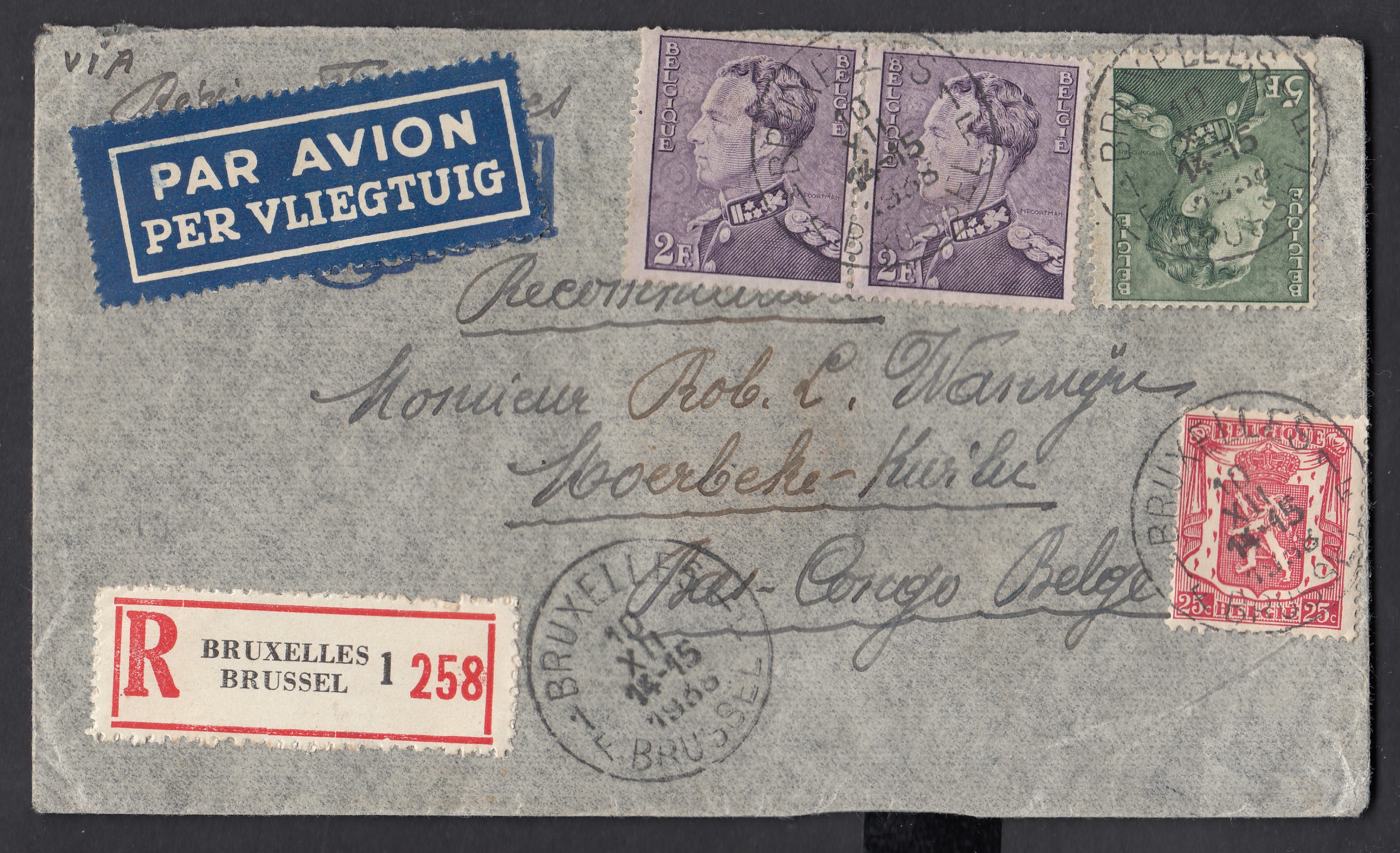 423 +431 en paire +433 sur lettre par avion en recommandé de BXL le 10.XII.1938 à destination du Congo Belge. Càd au verso.