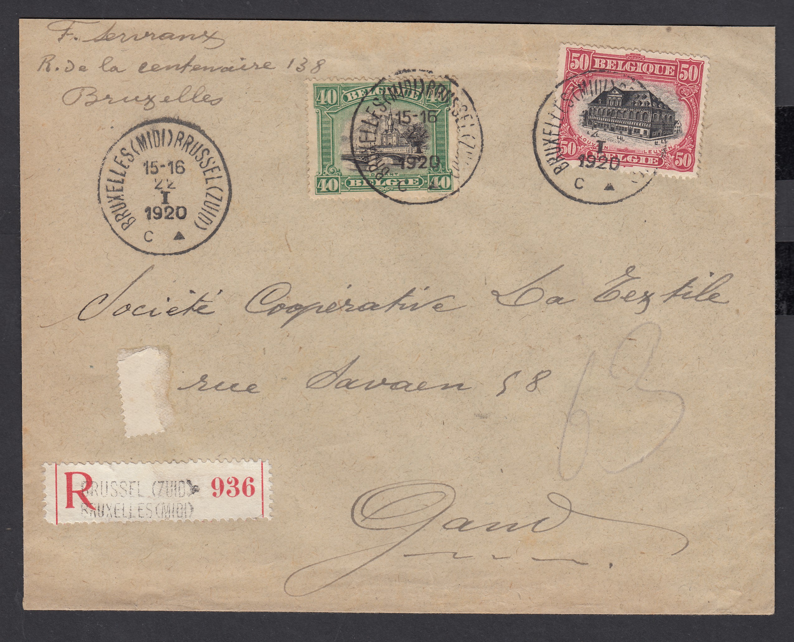 143/44 sur lettre en recommandé de BXL (Midi) le 22.I.1920 vers Gand. Càd au verso.