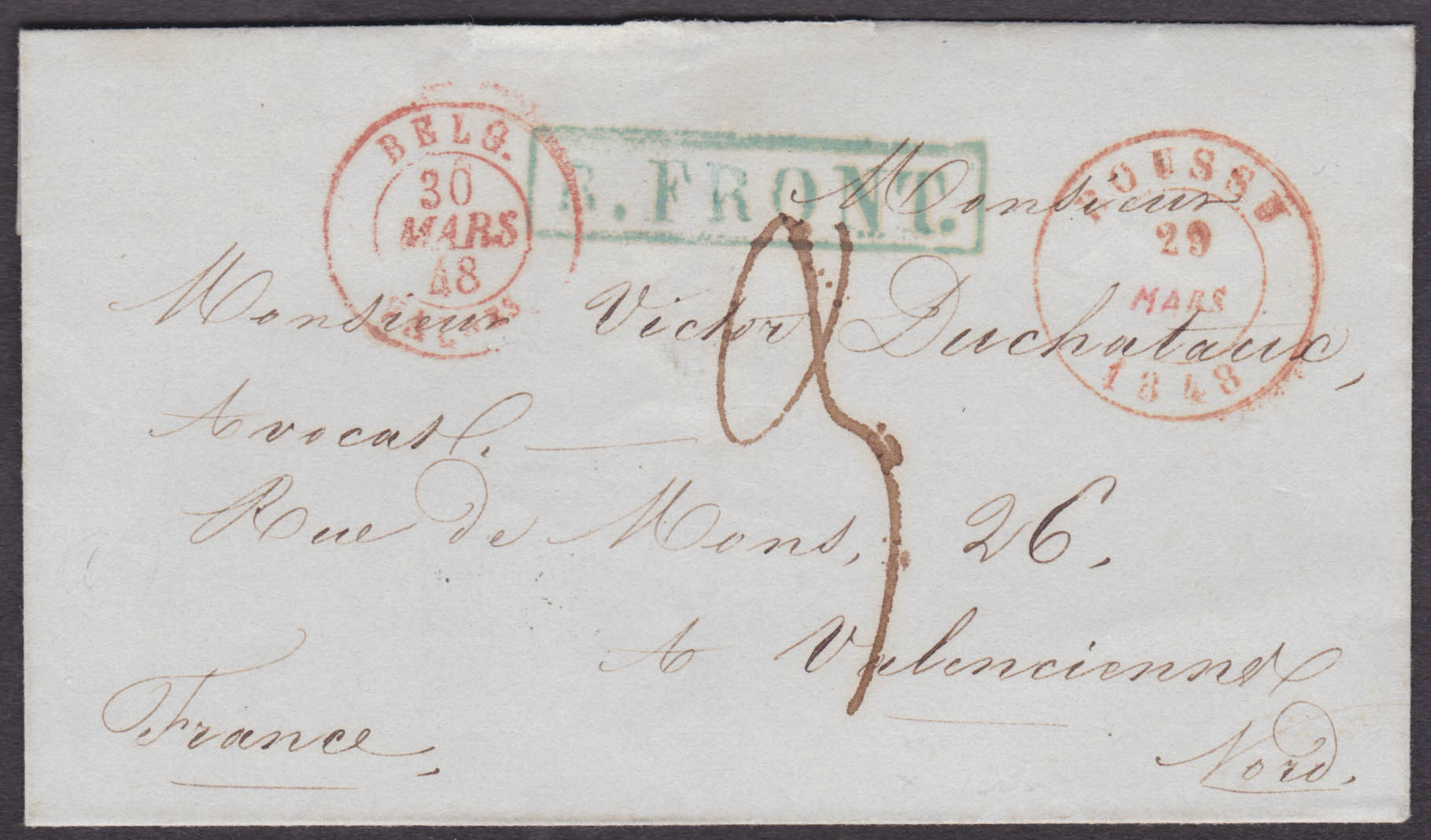 LSC obl DC Boussu 29/3/48, 1ère zone belge vers Valenciennes. Griffe "R. Front" de l'ambulant du Midi. Càd arrivée au verso. Port 3 décimes."