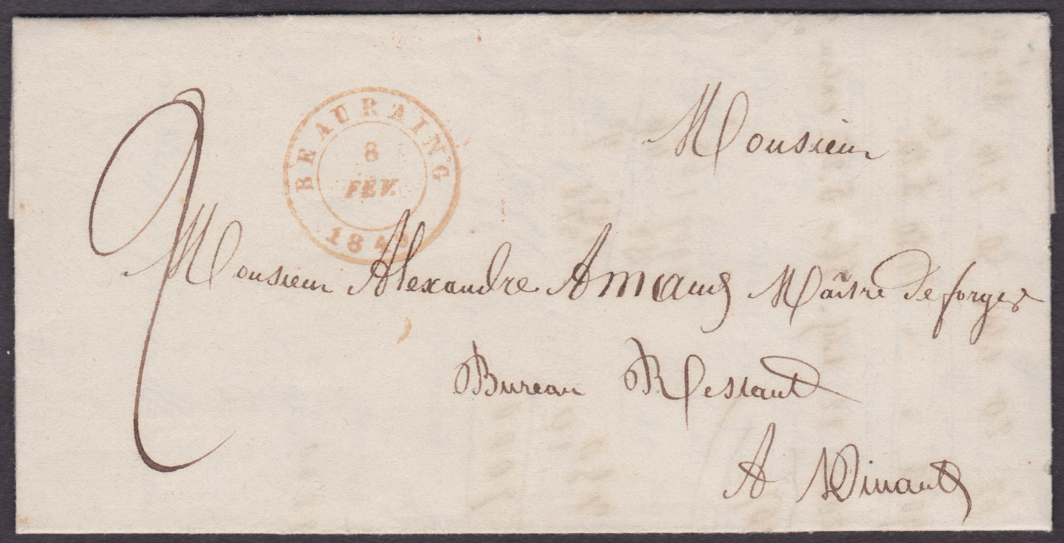 LAC de Beauraing 8/2/1849 vers Dinant. Càd au verso.