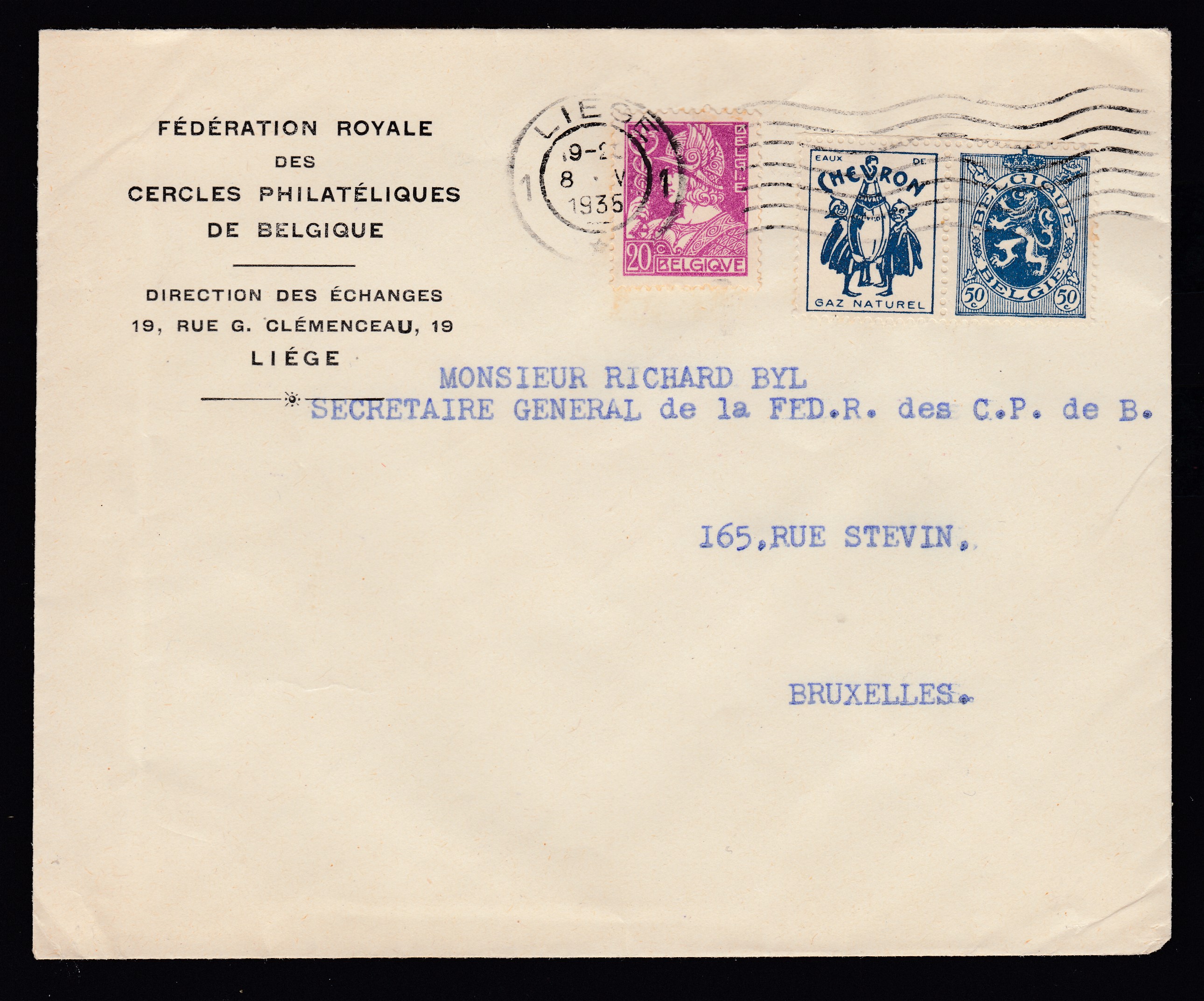 338 +PU31 sur lettre à entête « Fédération Philatélique... » de Liège le 8.V.1935 vers BXL.