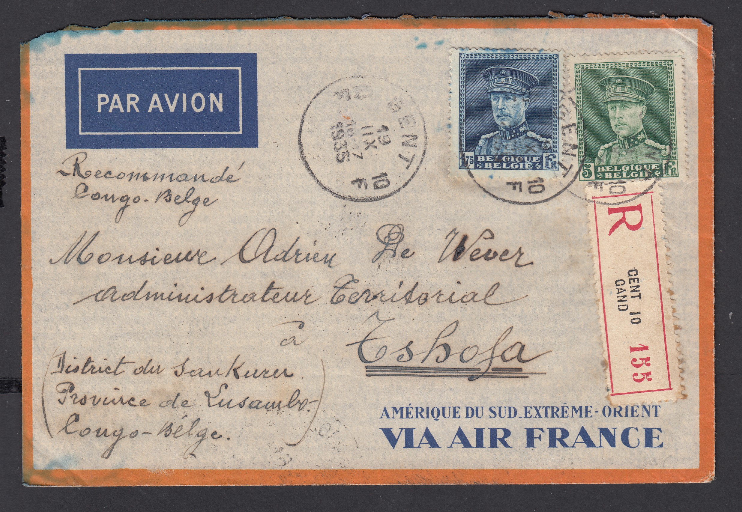 320 +323 sur lettre en recommandé de Gent le 19.IIX.1935 vers Tshofa, Congo Belge. Cachets de passages à Luluabourg et à Lusambo au verso.