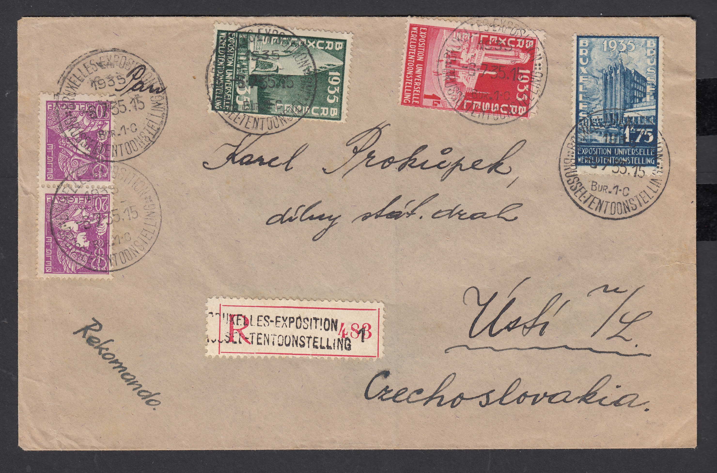 338 en paire +386/7 +389 sur lettre en recommandé de BXL-Exposition ( Cachet spécial) le 3.7.1935 vers la Tchécoslovaquie.