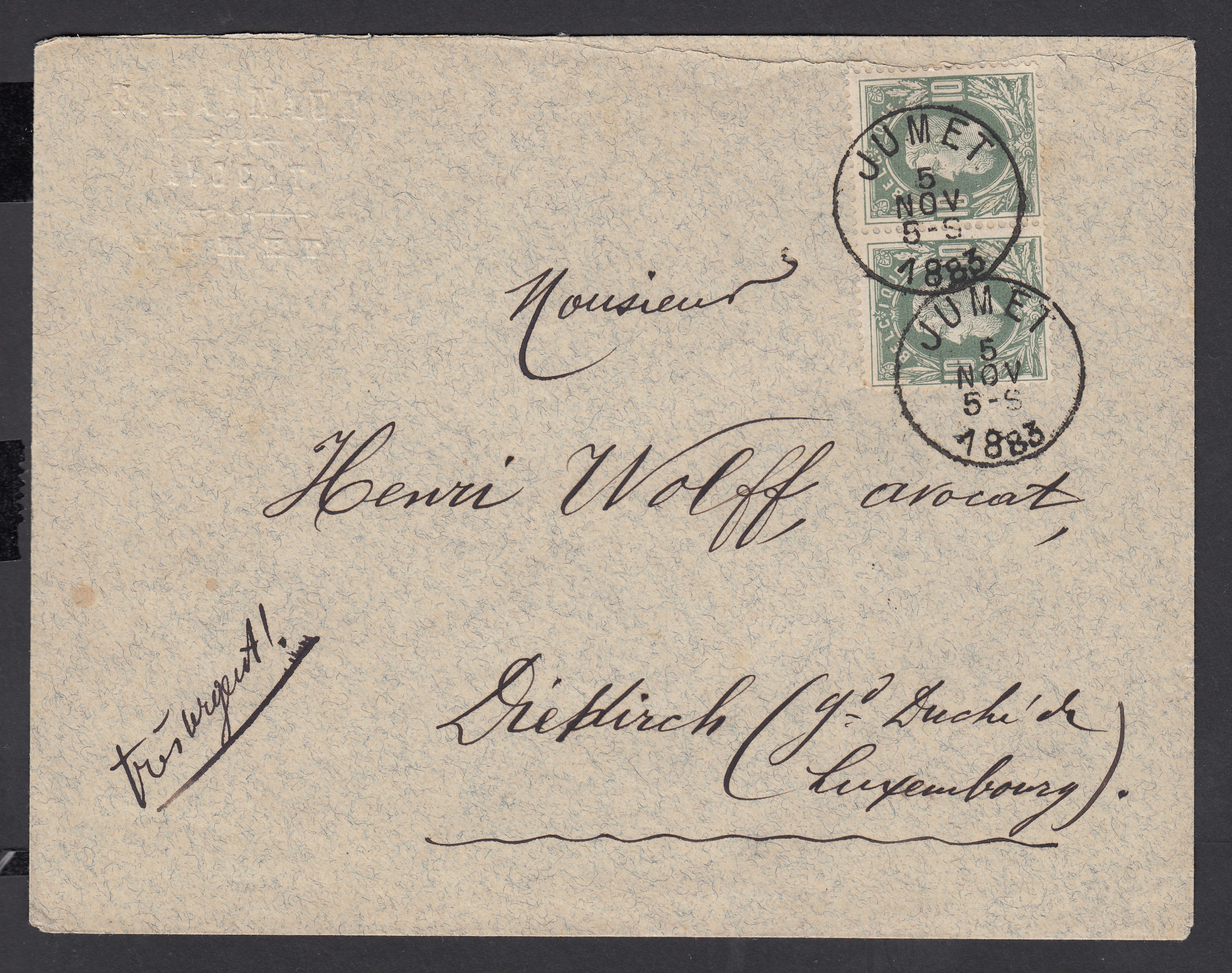 30 en paire sur lettre de Jumet le 6 NOV.1883 vers Diekirch, GD du Luxembourg. Cachet de passage à Luxembourg-Ville +Càd au verso.