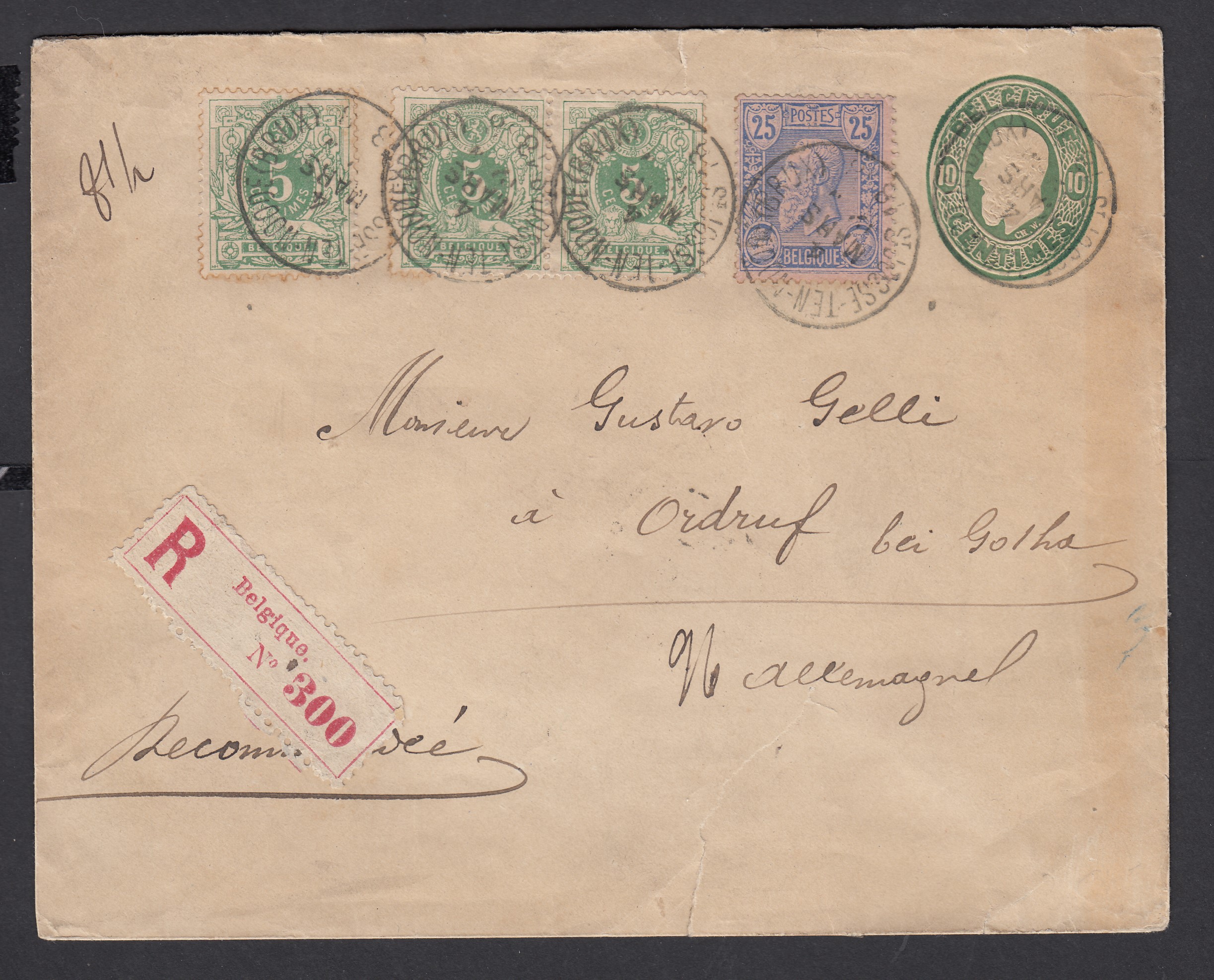 45x3 +48 sur Ep10c type « Léopold II dans un ovale » en recommandé de St-Josse-ten-Noode (BRUX.) le 4 mars 1888 à destination d'Ordruf, Allemagne. Càd au verso.