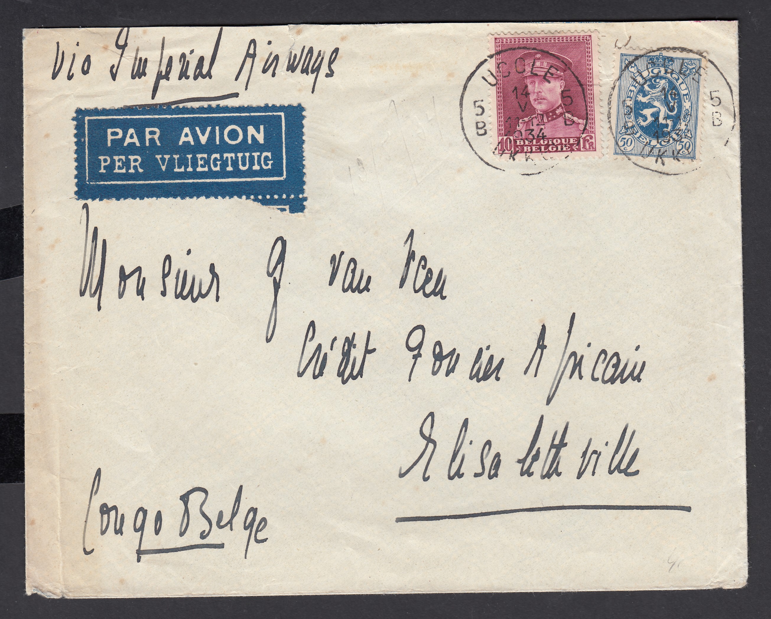 285 +324 sur lettre par avion de Uccle le 14.V.1934 à destination d'Elisabethville. Càd au verso.