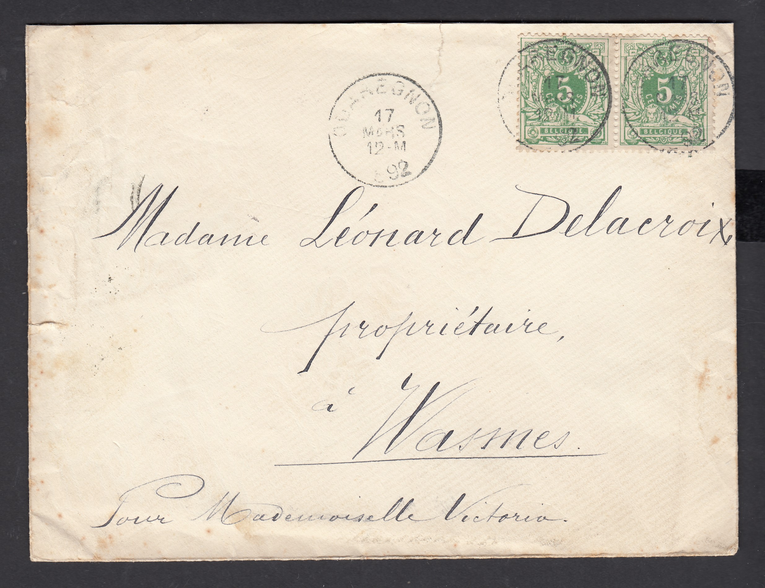 45 en paire sur lettre de Quaregnon le 17 mars 1892 vers Wasmes. Càd au verso.