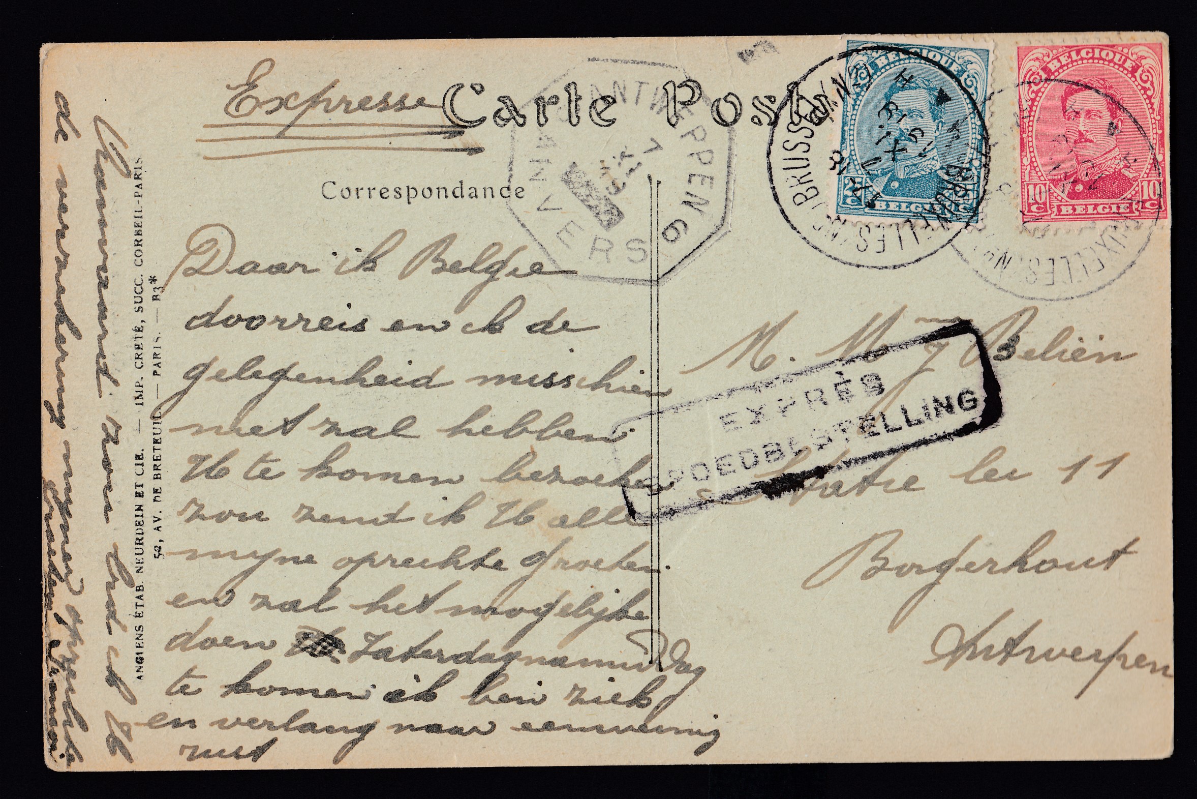 138 +141 sur Cp en exprès de BXL le 7.XI.1919 vers Borgerhout. Càd à Antwerpen au verso.