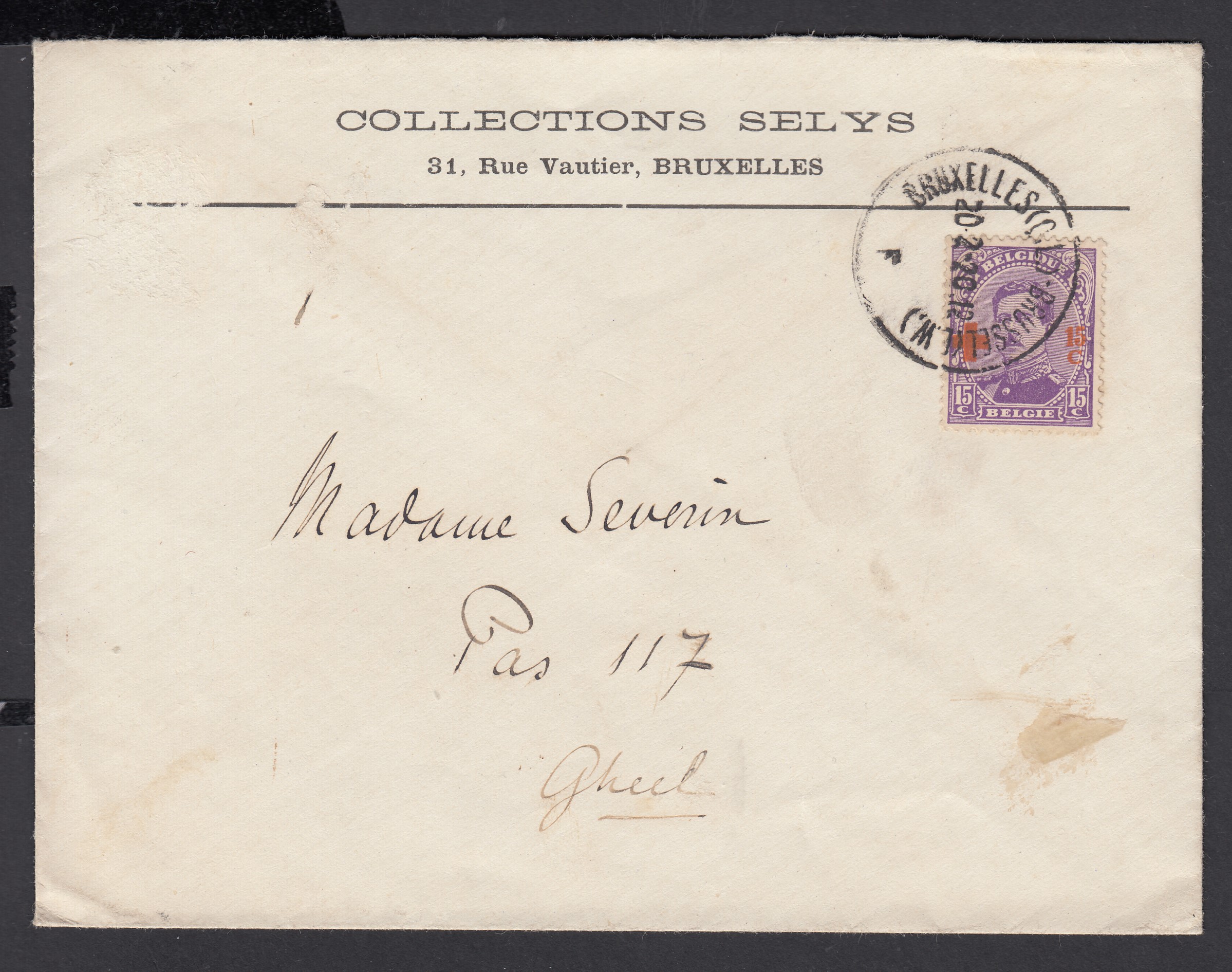 154 sur lettre de BXL le 20.2.1920 vers Gheel. Càd au verso.