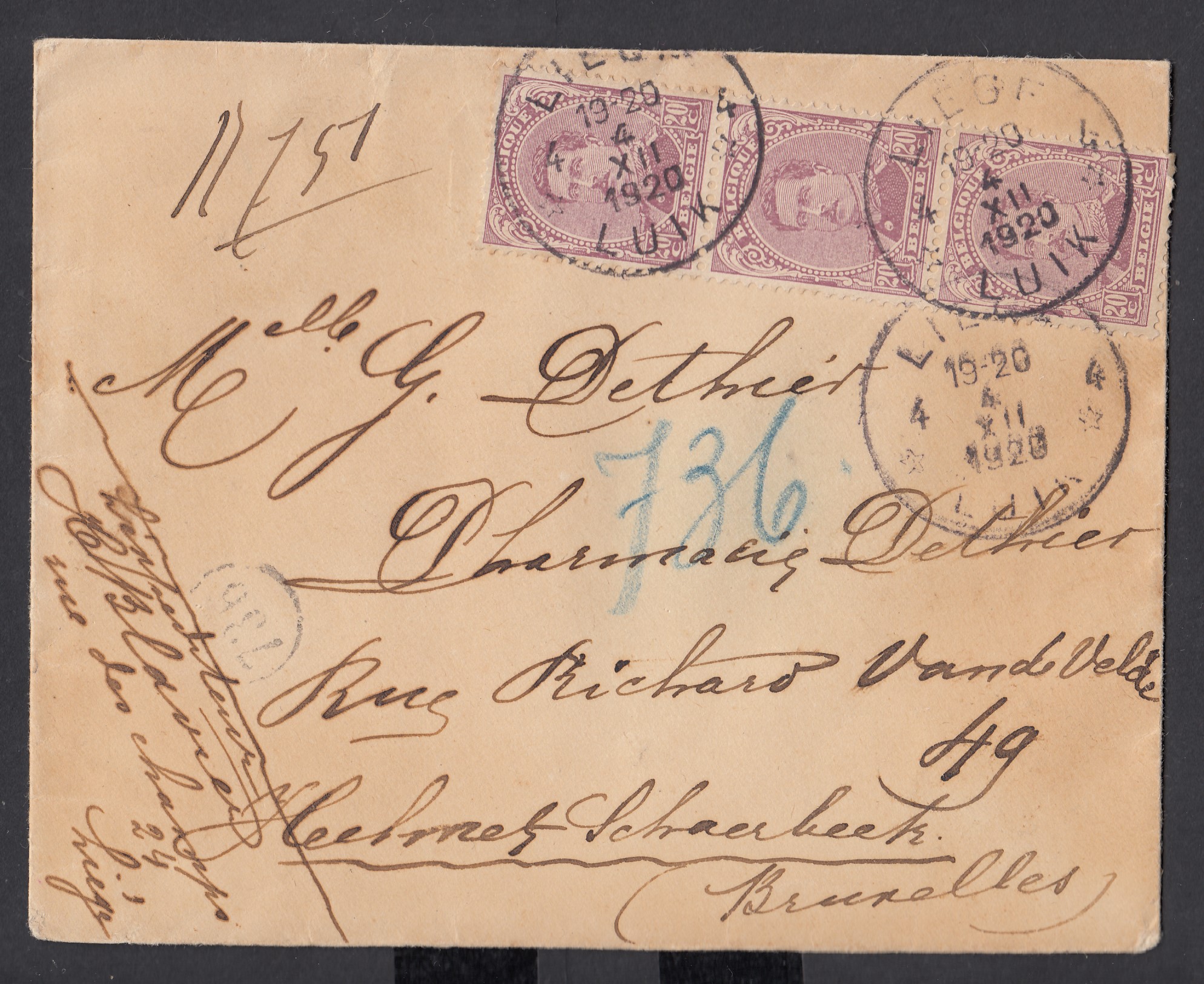 140 en bande de 3 sur lettre de Liège le 4.XII.1920 vers Schaerbeek BXL.