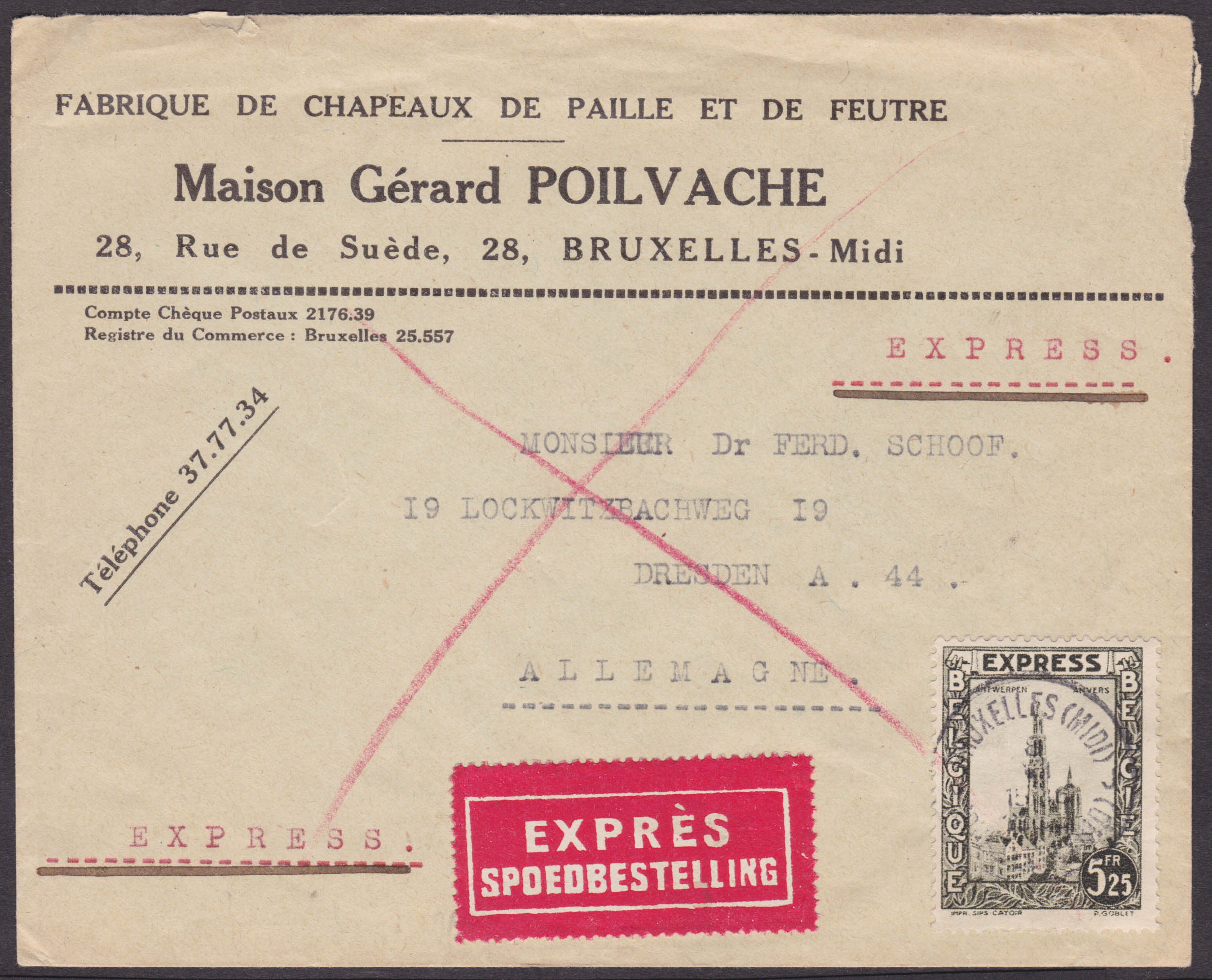 292G obl BXL(Midi) 8/6/33 en expres vers Dresden, Allemagne. Ambt Köln-Herbesthal 8/6 et arrivée 9/6 au verso.