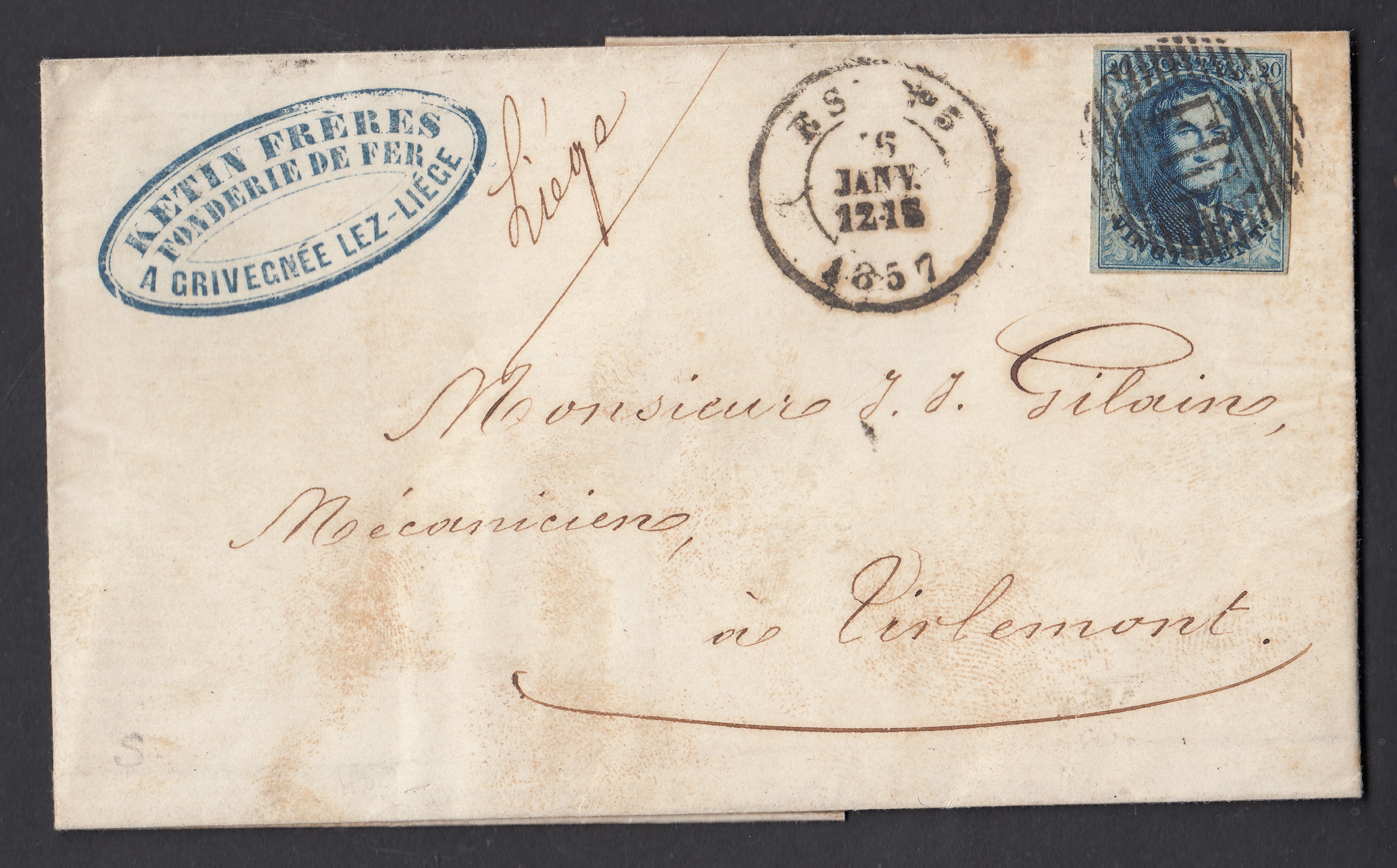 7 margé sur LAC de Liège ( Manuscrit au recto) par l'ambt Est 3 ( EIII) le 16 janv 1857 vers Tirlemont. Càd au verso.