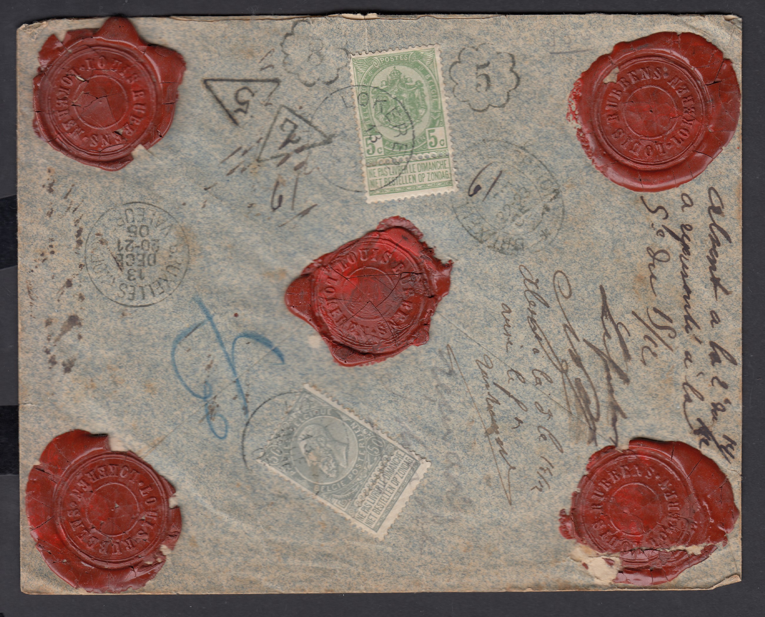 56 +63 au verso de la lettre en valeur assurée (1000Frs) de Lokeren le 13 déc 1905 vers BXL. Càd au verso.