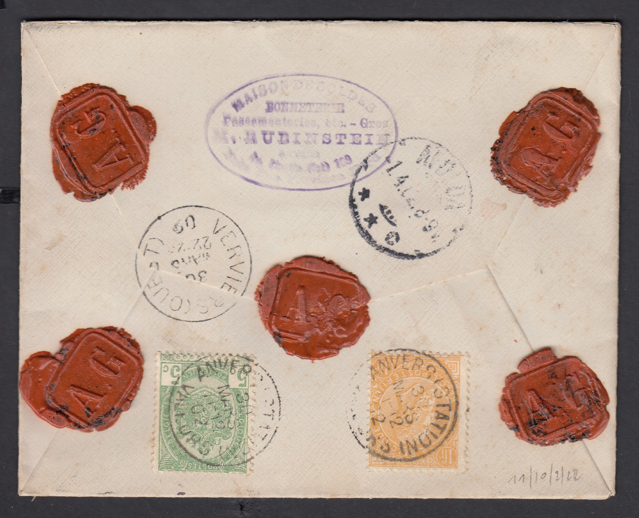 56 +65 au verso de la lettre en valeur assurée (515Frs) d'Anvers (Station) le 30 mars 1902 à destination d'Apolda, Allemagne. Cachet de passage à Verviers (Station) +Càd au verso.