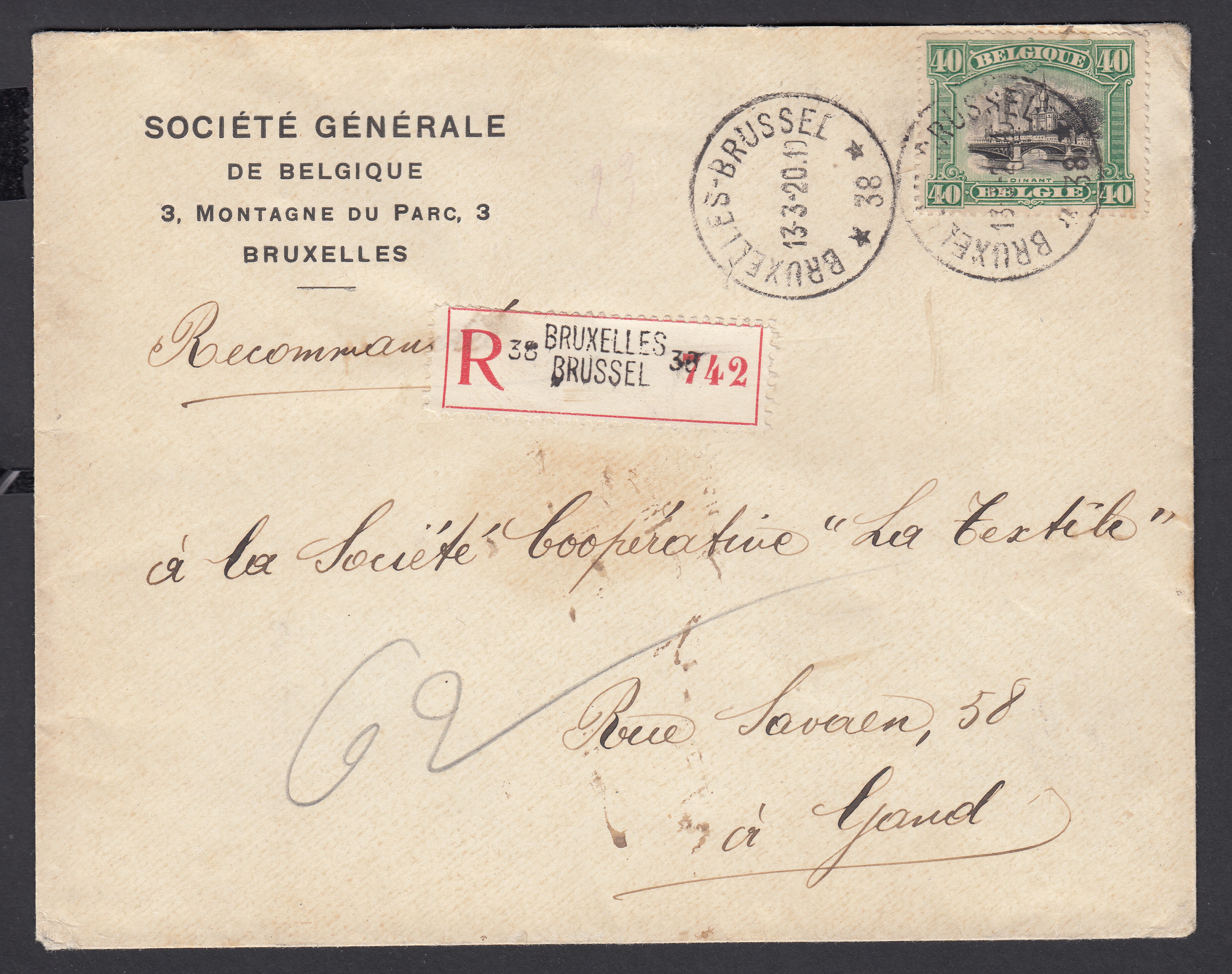 143 sur lettre en recommandé de BXL agence 38 le 13.3.1920 vers Gand. Càd au verso.