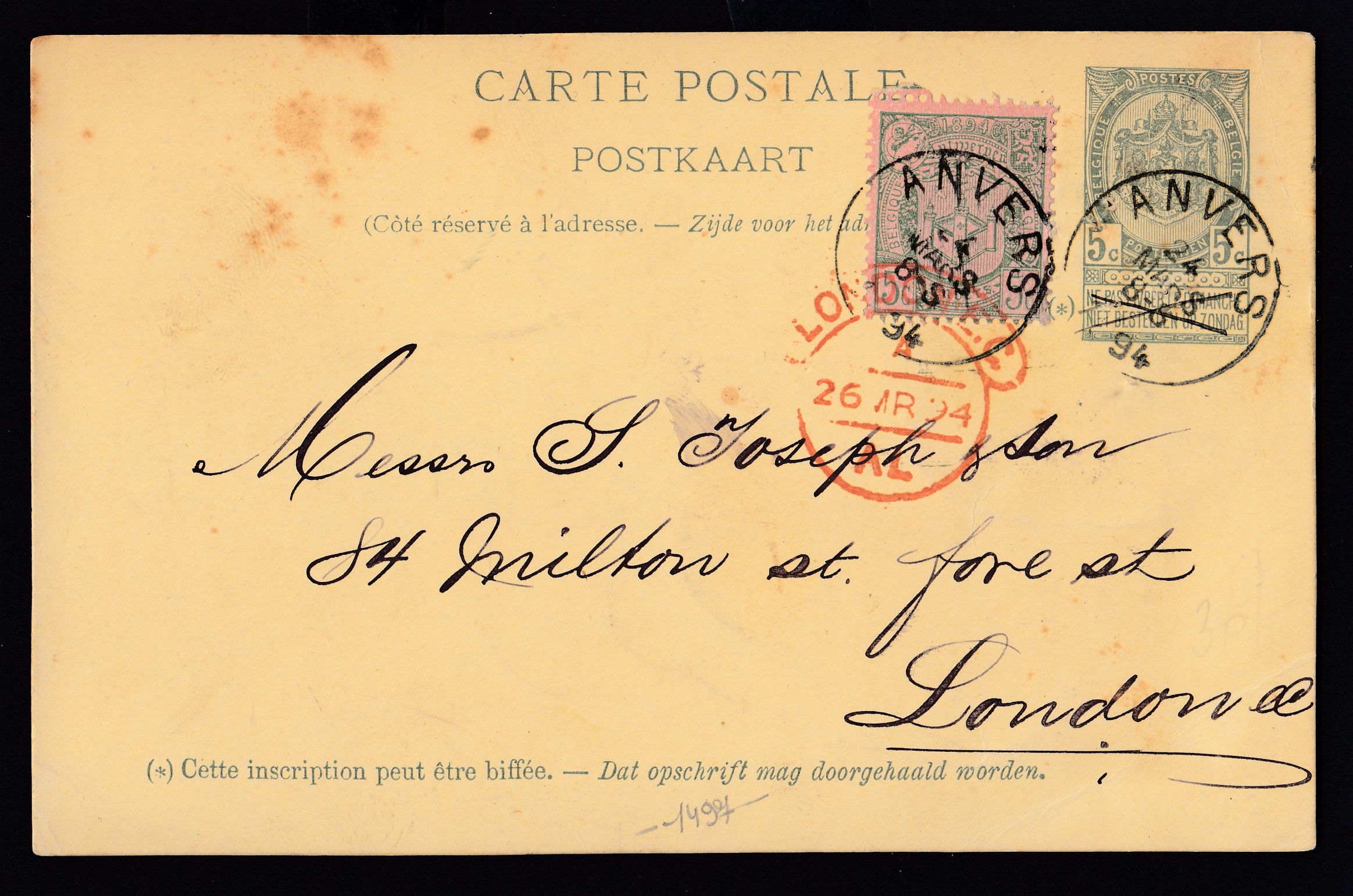 68 sur Ep5c type « Fine Barbe -Tp 56 » d'Anvers le 24 mars 1894 vers Londres. Càd au recto.