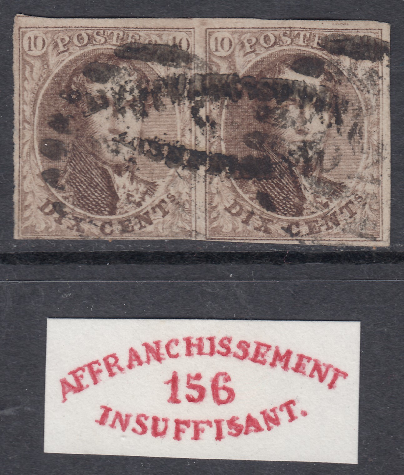 10A en paire touchée, griffe « affranchissement / ..../insuffisant » s au milieau de la paire.