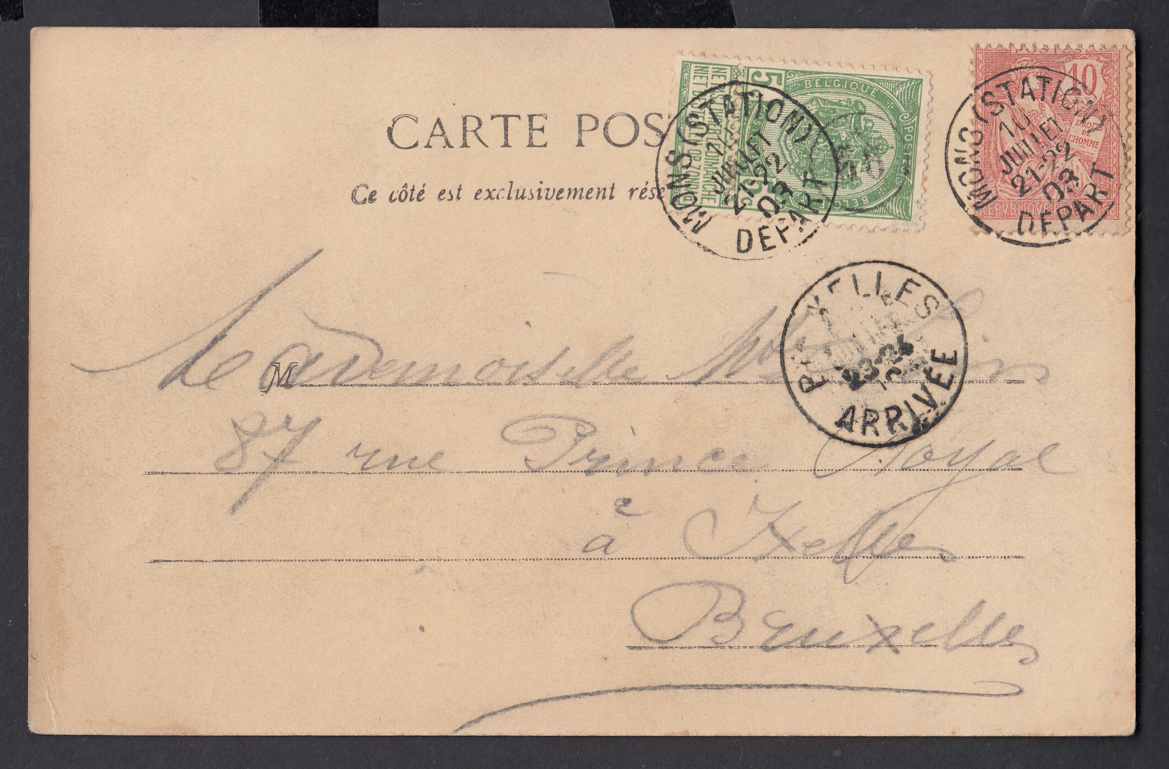 Affmt mixte Belg 56 /France Yv 112 sur Cp de Mons (Station) le 10 juillet 1903 vers BXL. Aurait dû être taxée. Càd au recto.