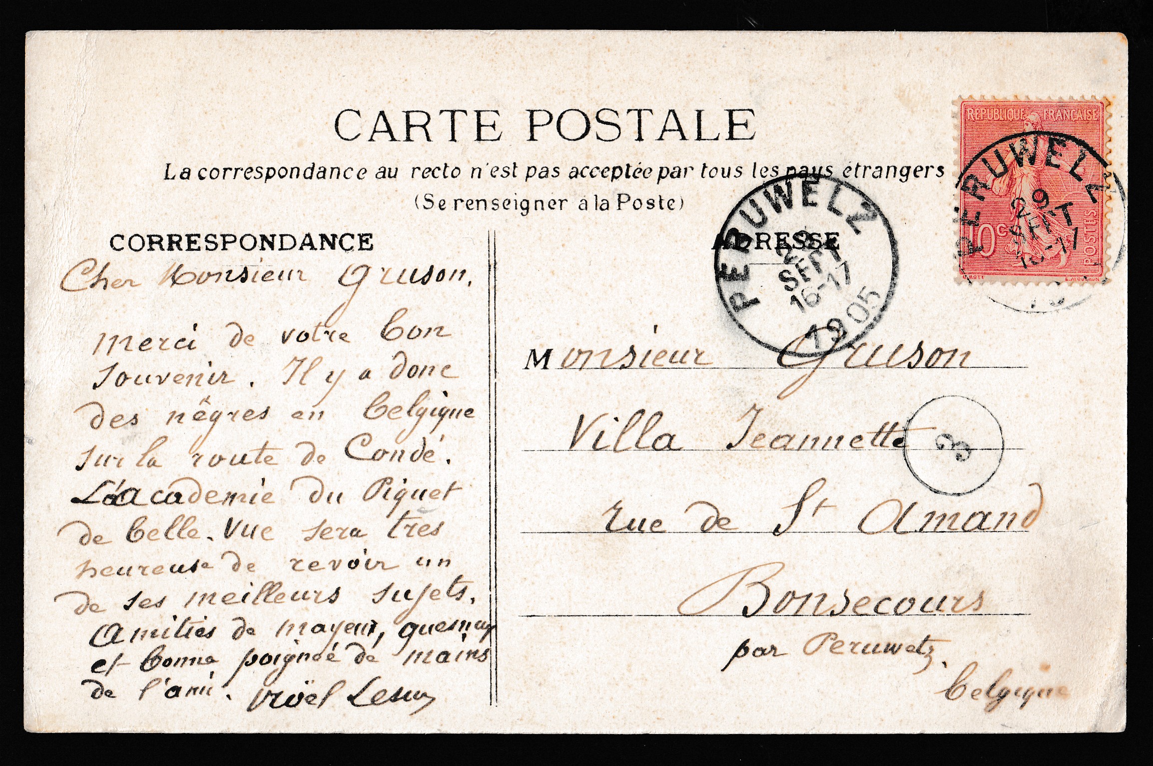 Yv 129 annulé à l'arrivée sur Cp de France vers Peruwelz. Càd le 29 SEPT 1905 au verso.