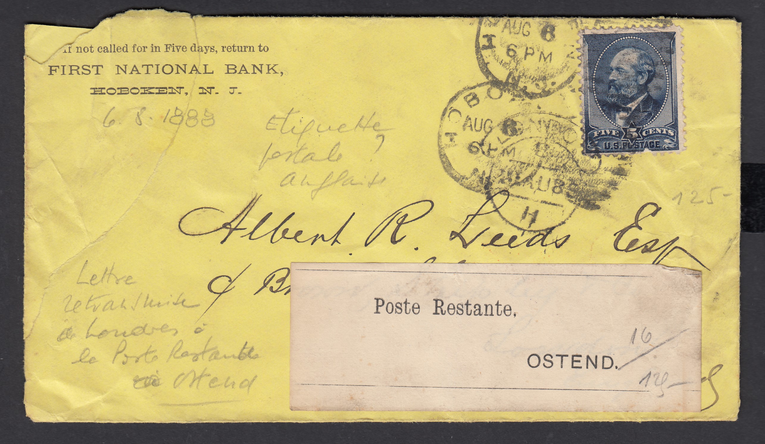 Yv 67 sur lettre le 6 août 1888 des USA vers Londres. Suivi vers poste restante à Ostende ( papillon au recto). Griffe de retour au cas où l'adresse est inexacte +Càd à Londres au verso.