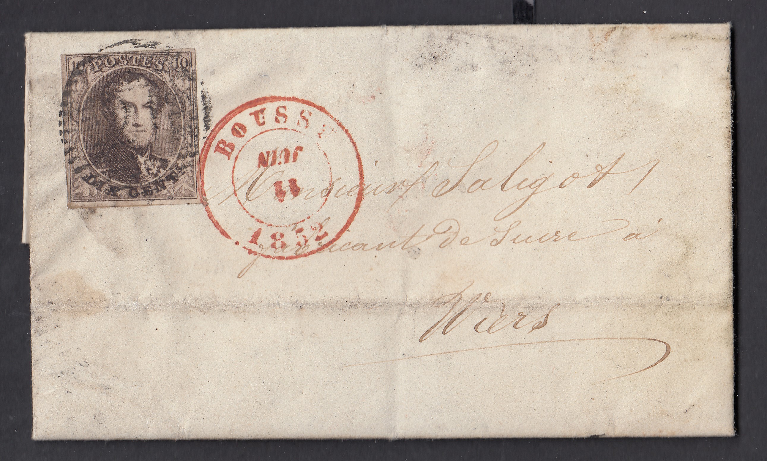 6 margé sur LAC de Boussu (P21) le 11 juin (renversé) 1852 vers Wiers. Càd à Peruwelz au verso.