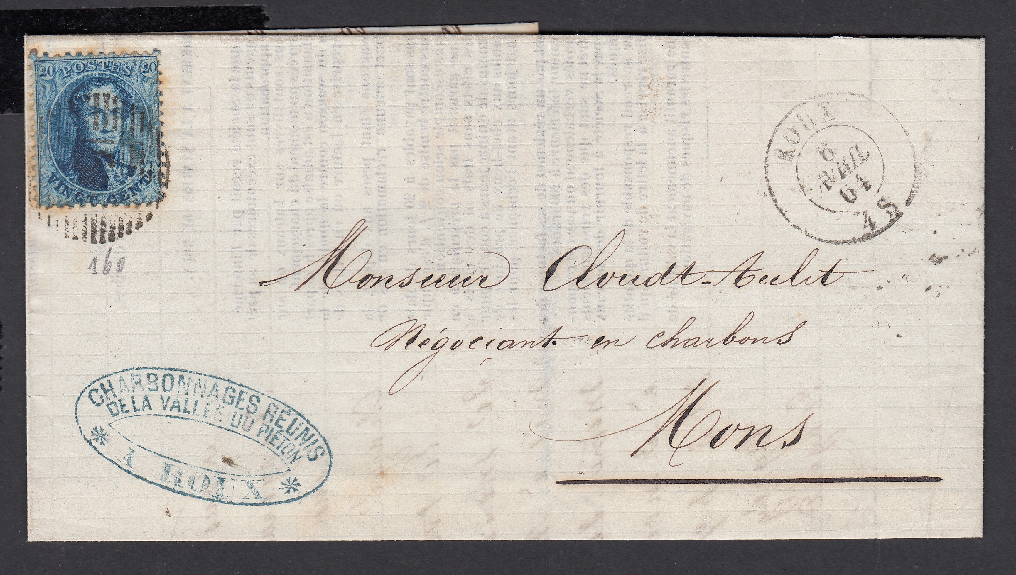 20c « médaillon dentelé » sur LAC (incomplète) de Roux (P160) le 6 avril 1864 vers Mons.