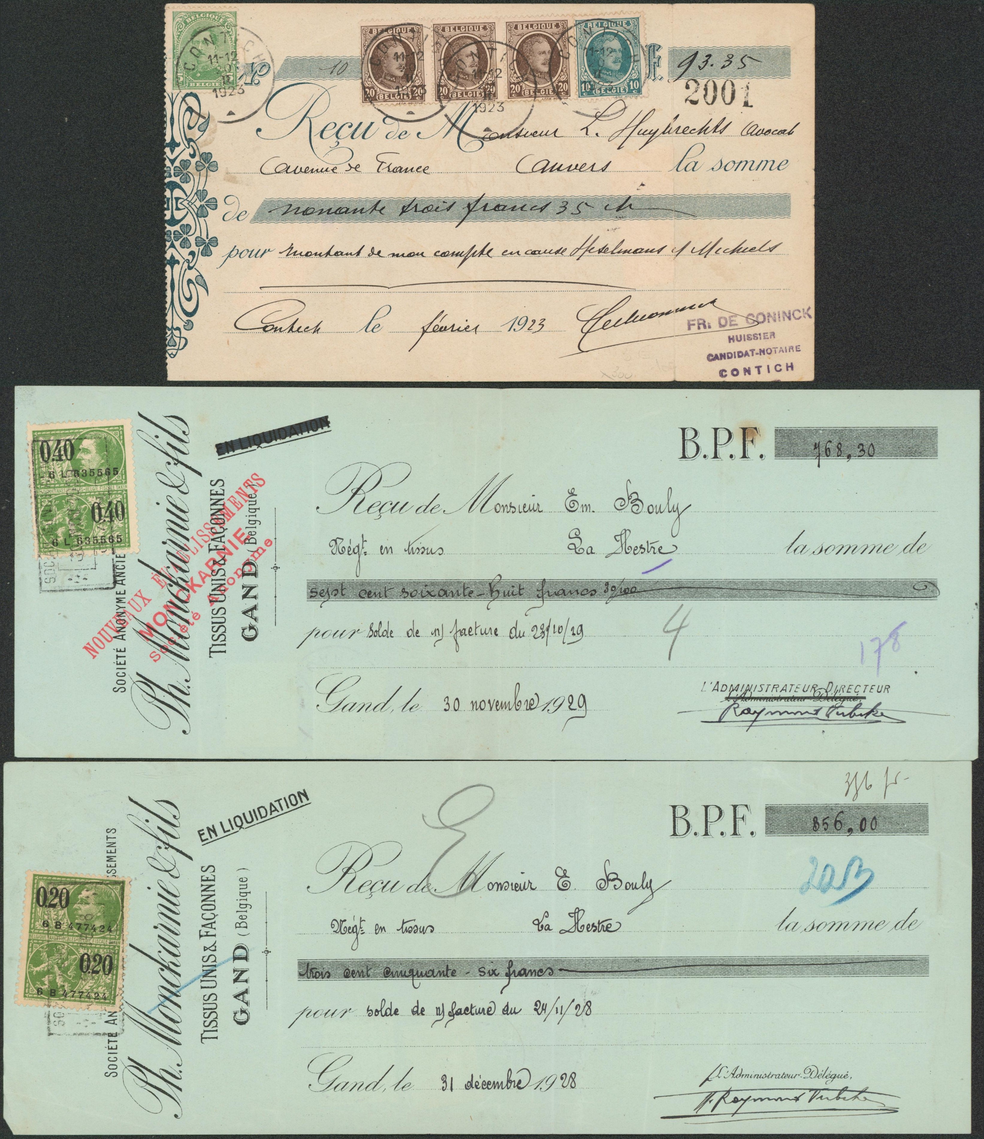 Effet de commerce / reçu - Ensemble de 3 documents affranchies avec émission Houyoux (tarif différent), pour spécialiste. 